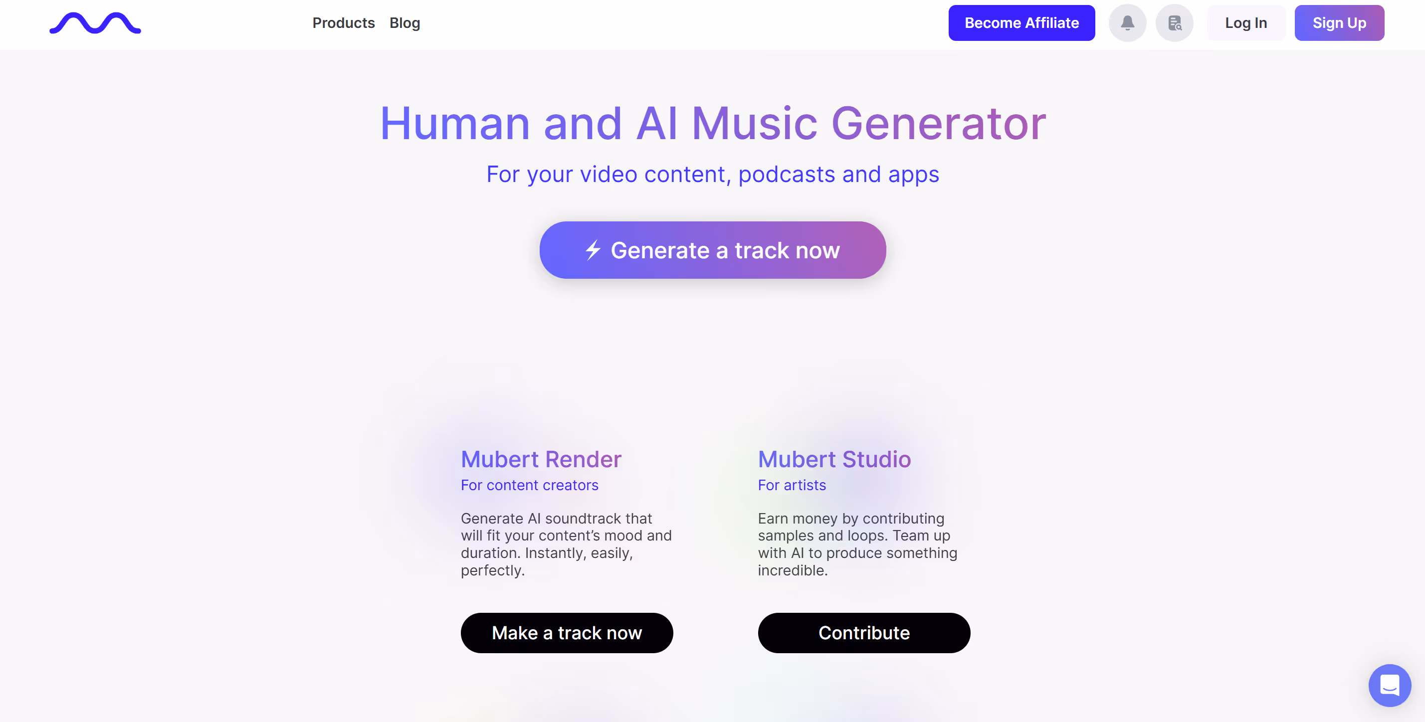 Mubert's main webpage - one of the best AI beatmaking apps for beginners.