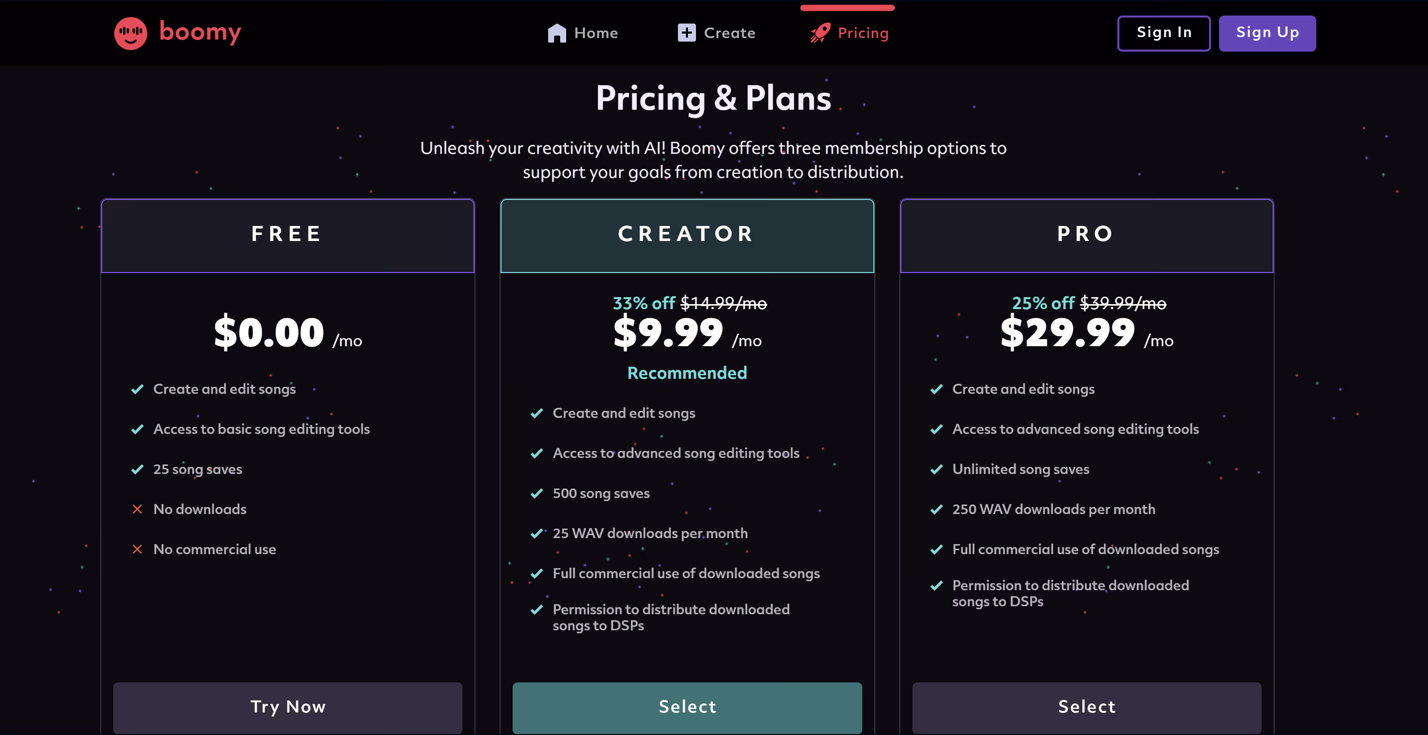 Boomy's pricing plans showcased on their website.