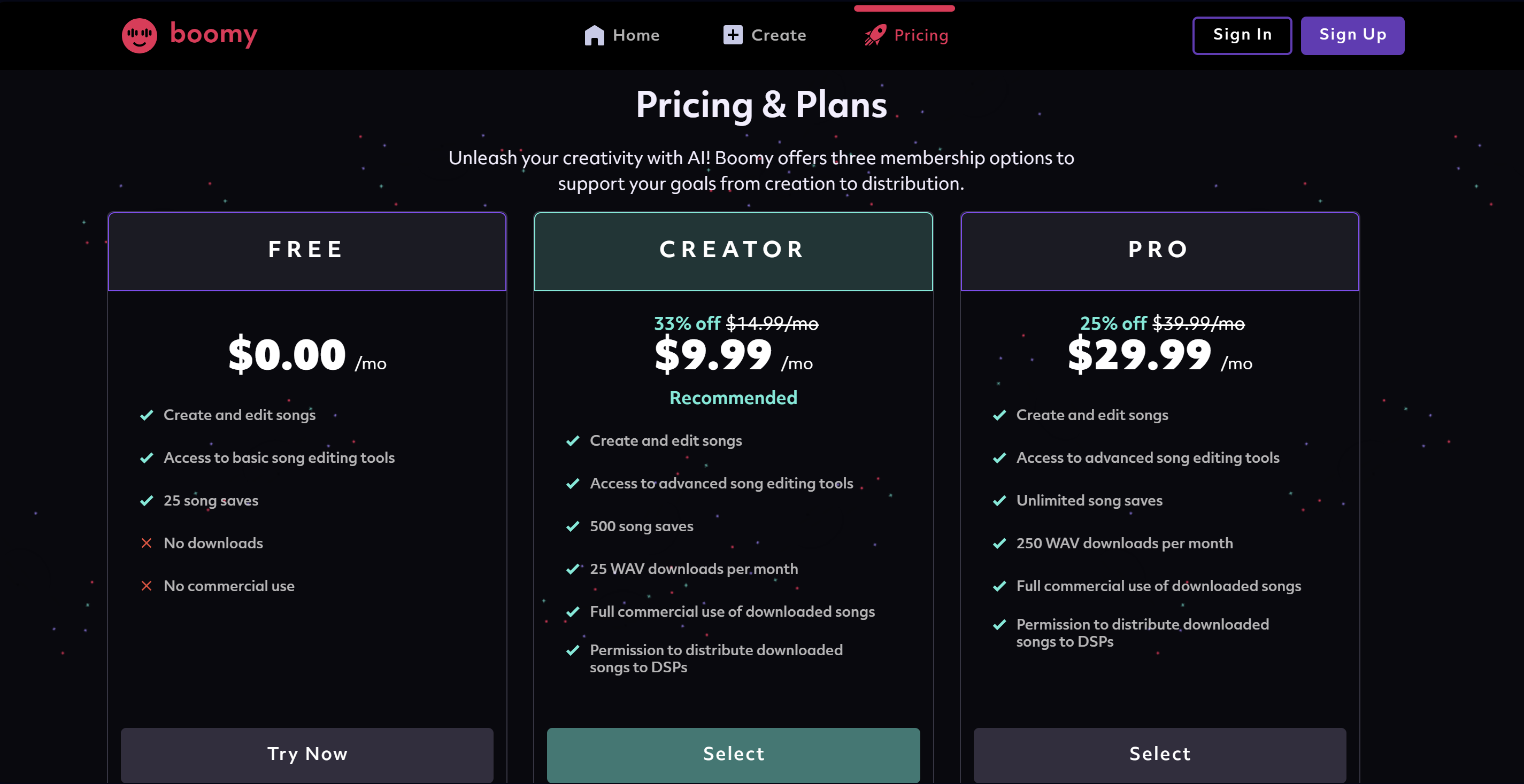 Boomy's pricing plans showcased on their website.