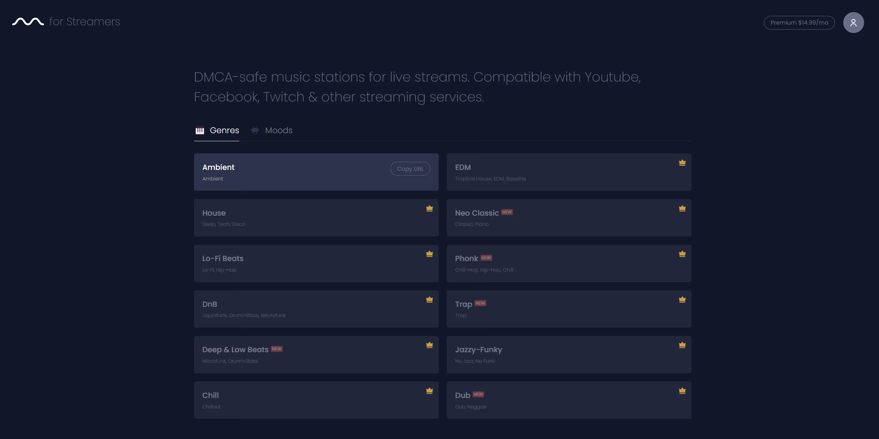 The homepage for Mubert Streamers, with various genres showcased.