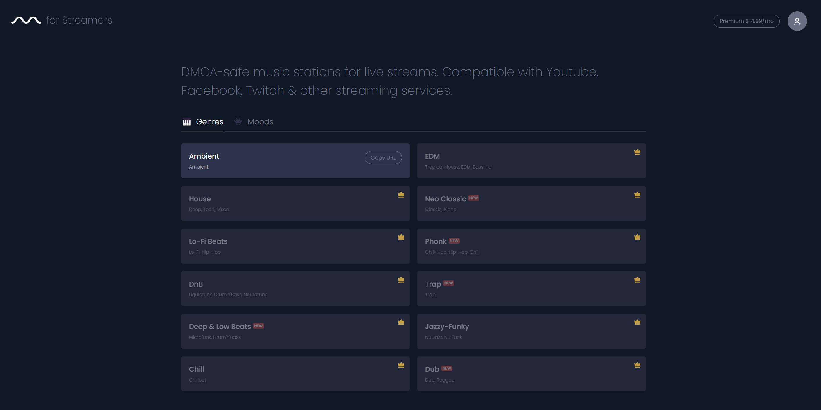 The homepage for Mubert Streamers, with various genres showcased.