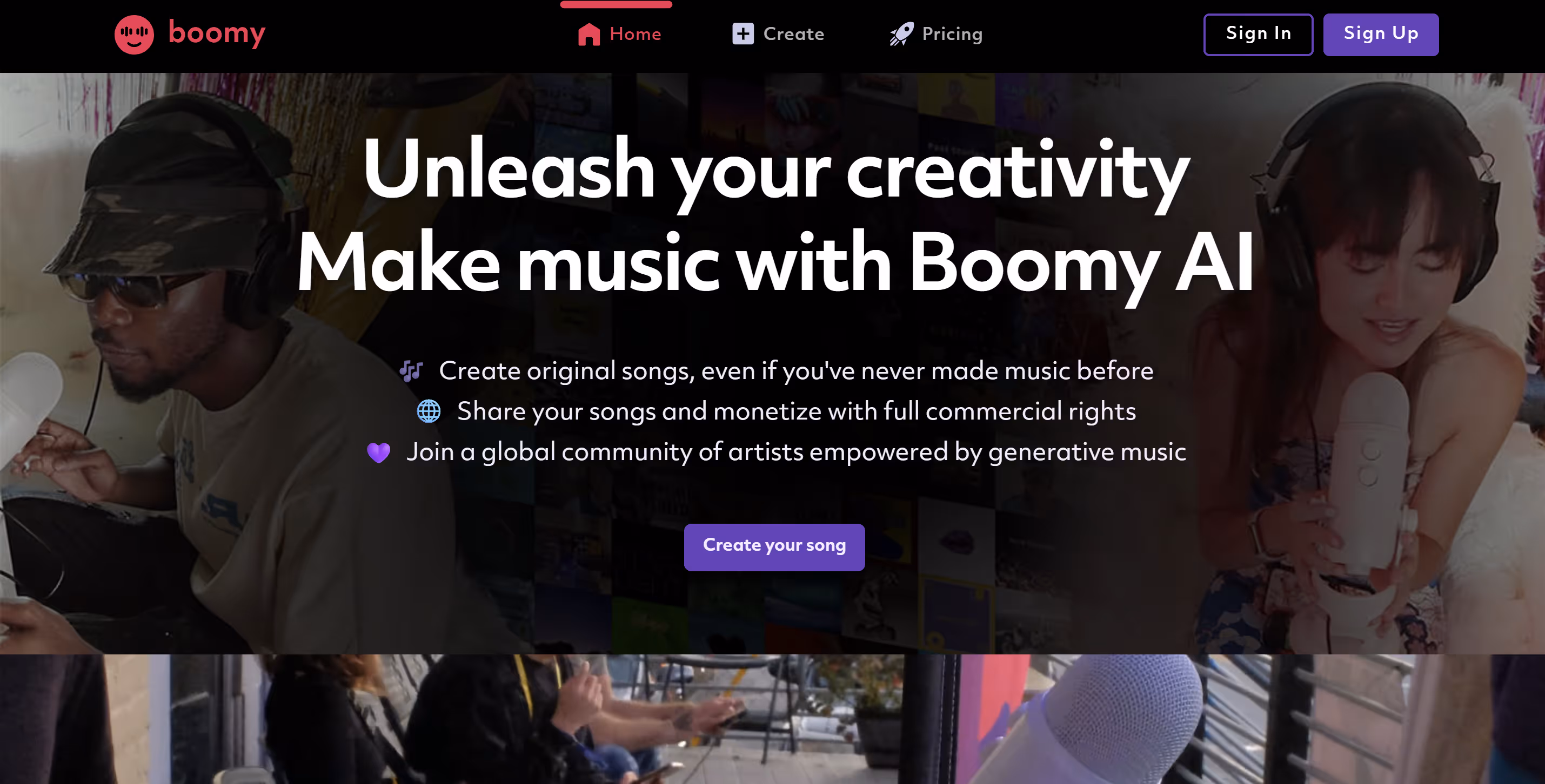 Boomy's main webpage - one of the best AI beatmaking apps for beginners.