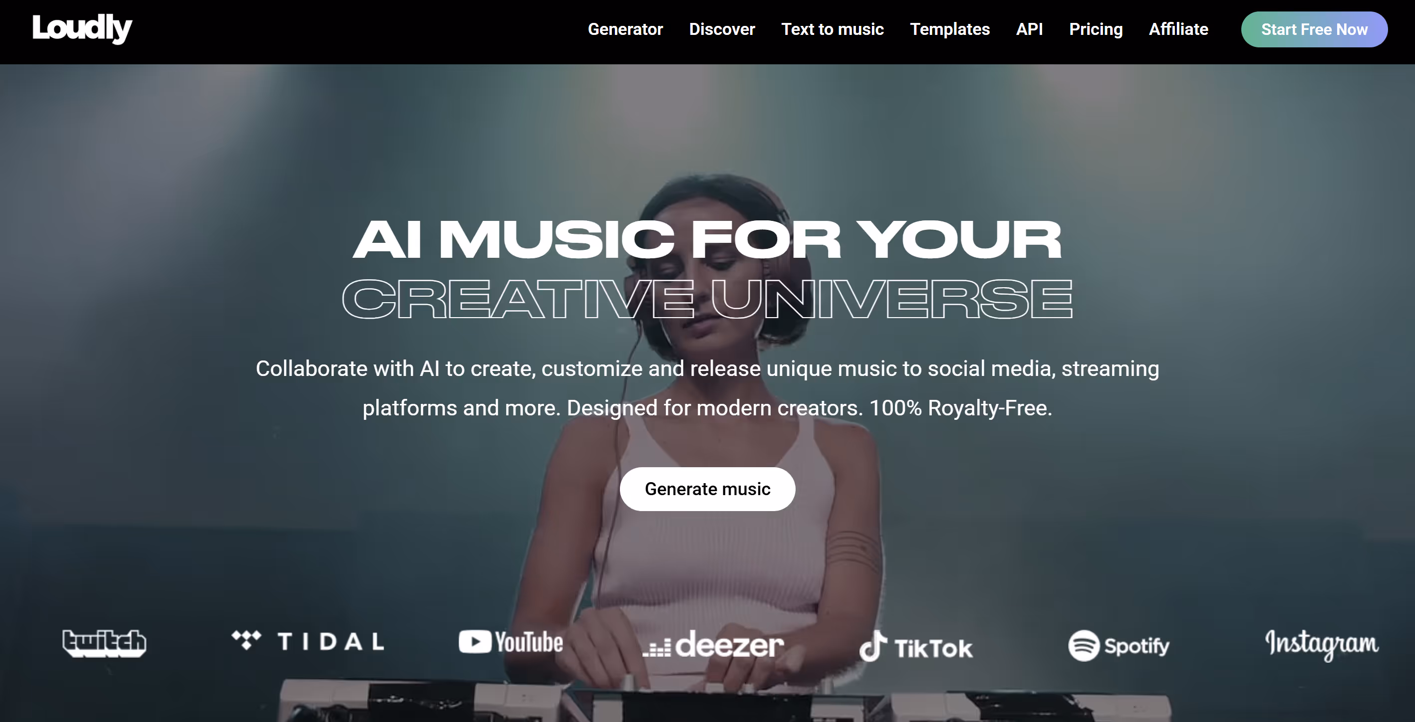Loudly's main webpage - one of the best AI beatmaking apps for beginners.