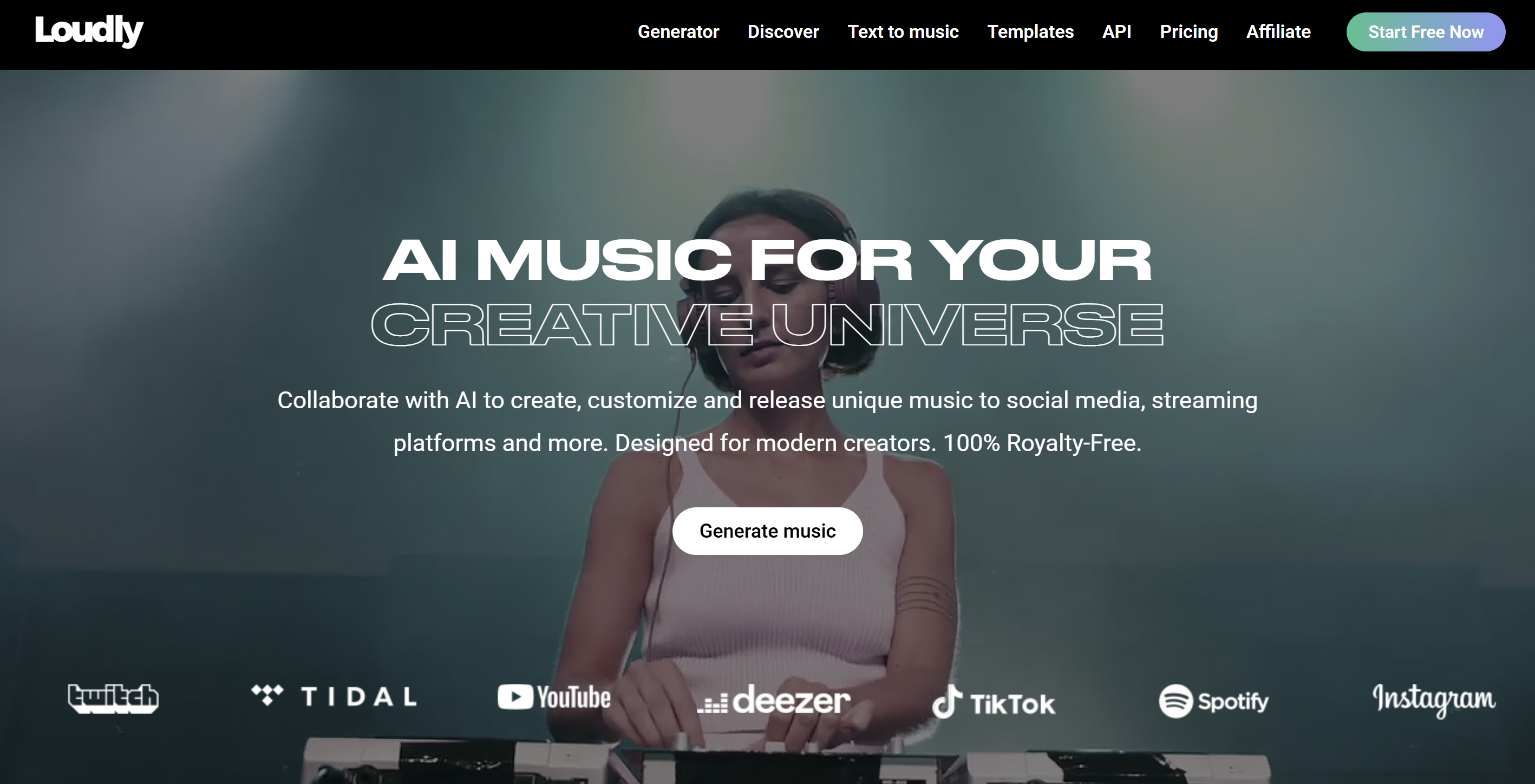 Loudly's main webpage - one of the best AI beatmaking apps for beginners.