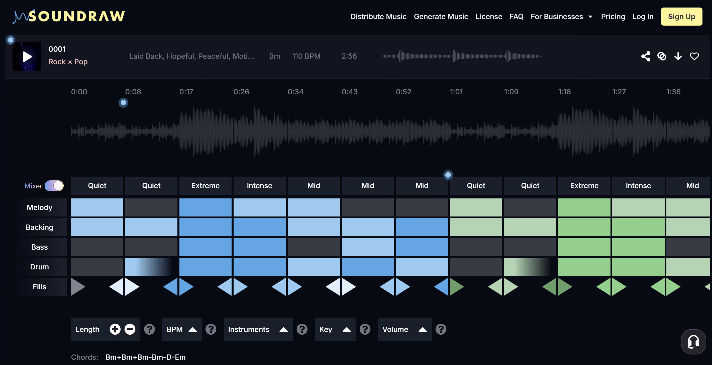 SOUNDRAW's Mixer, where users can edit their music to their hearts' content.