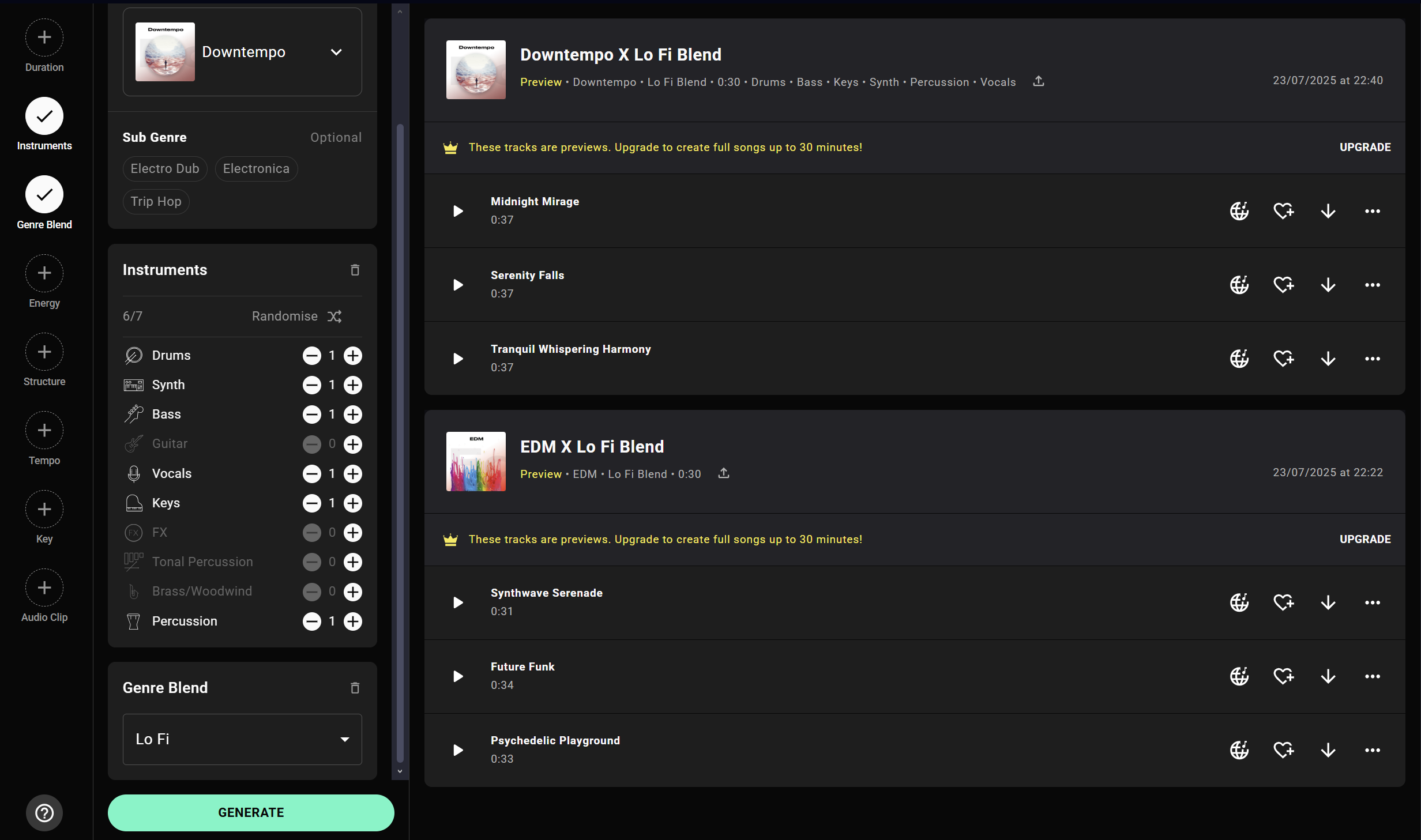 Loudly's generator, demonstrating the genre-blending feature.