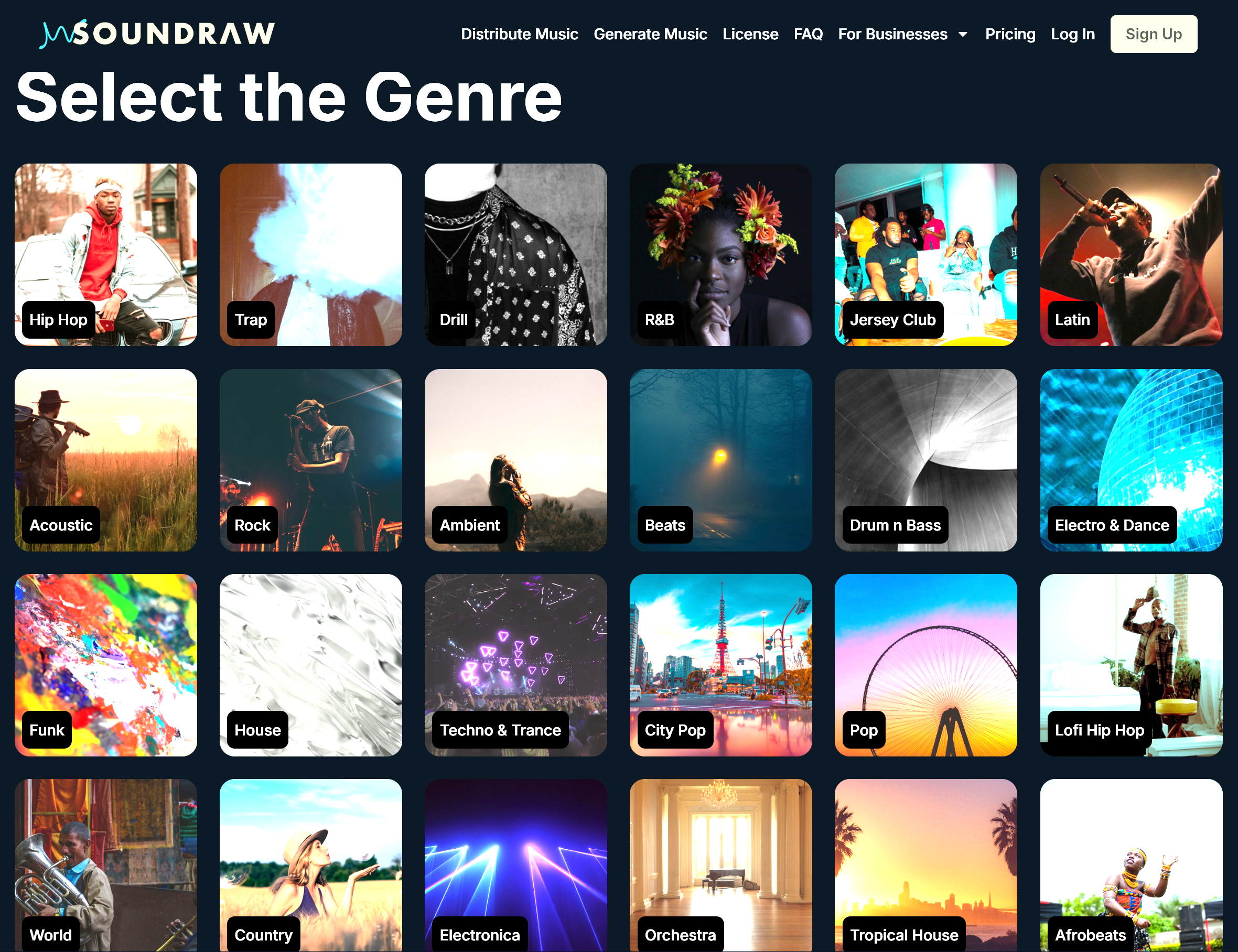 A spread of various genres available on SOUNDRAW, allowing for a limitless range of possibilities for mobile production.