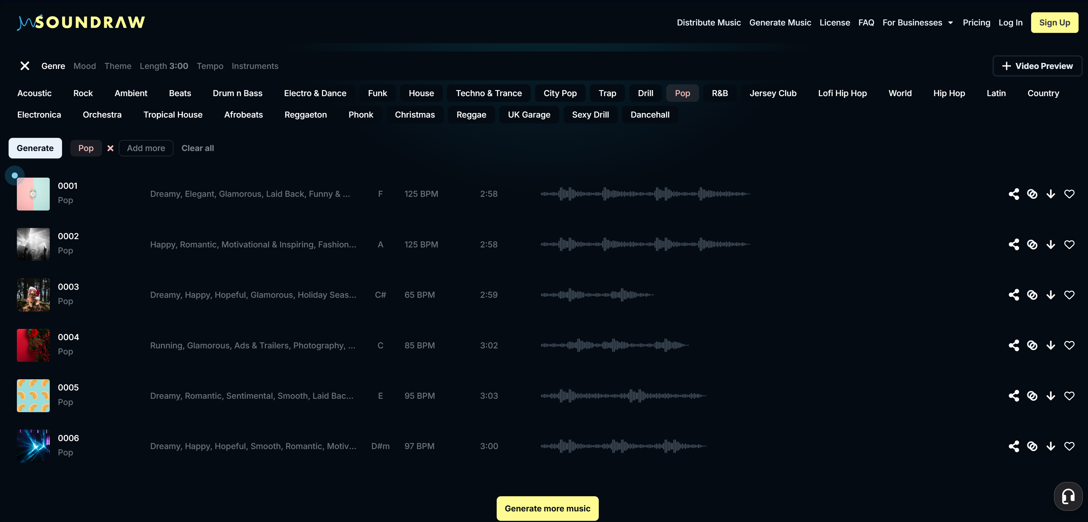 SOUNDRAW's software showcasing the number of tracks generated and available for preview.