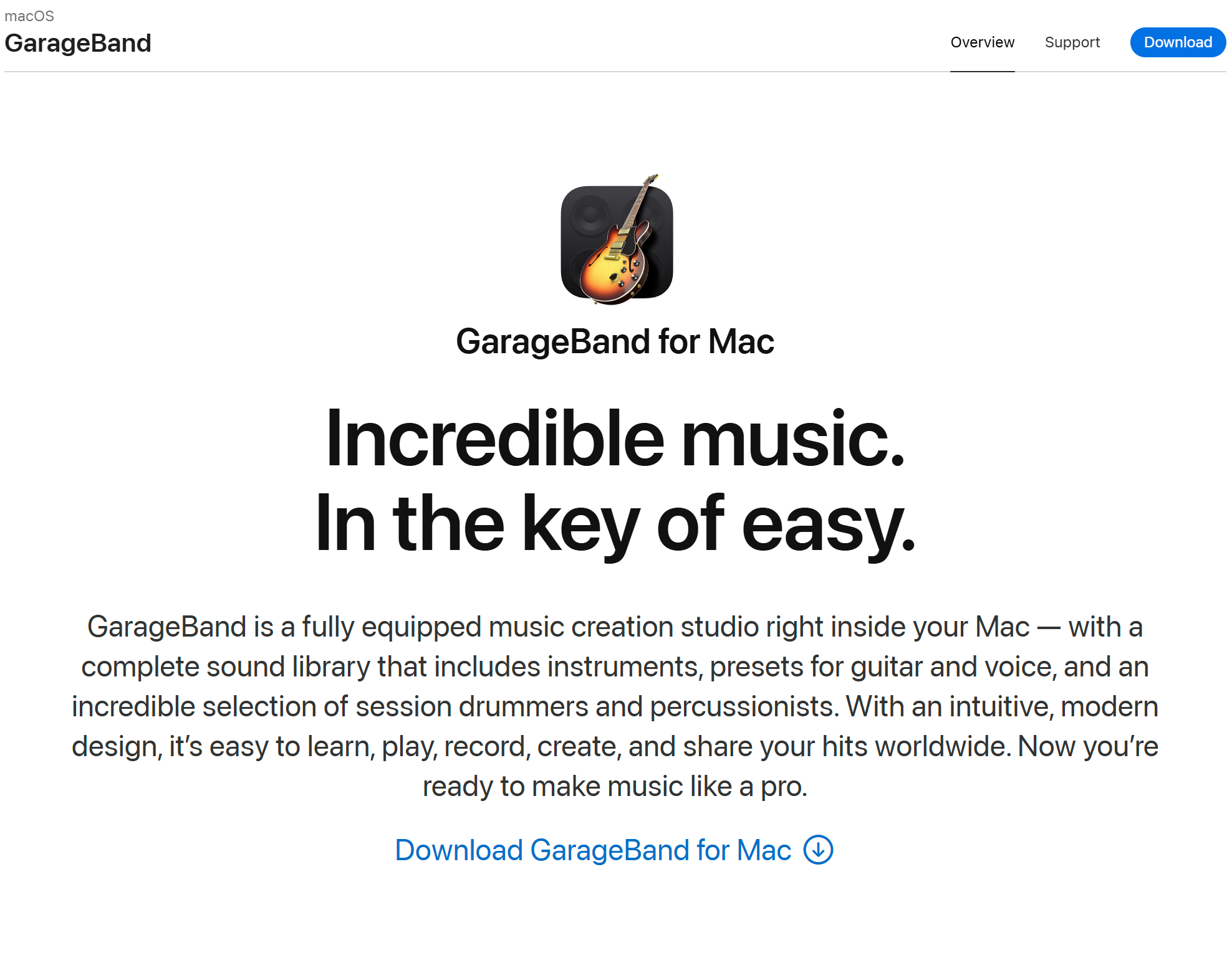 GarageBand's page on Apple's website.