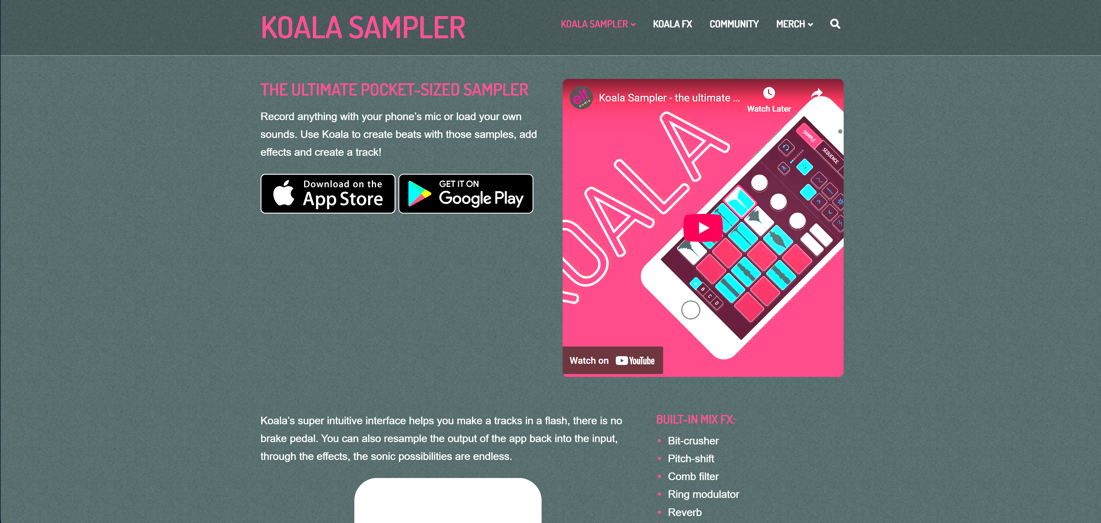 Koala Sampler's main webpage - another app available for mobile music production.