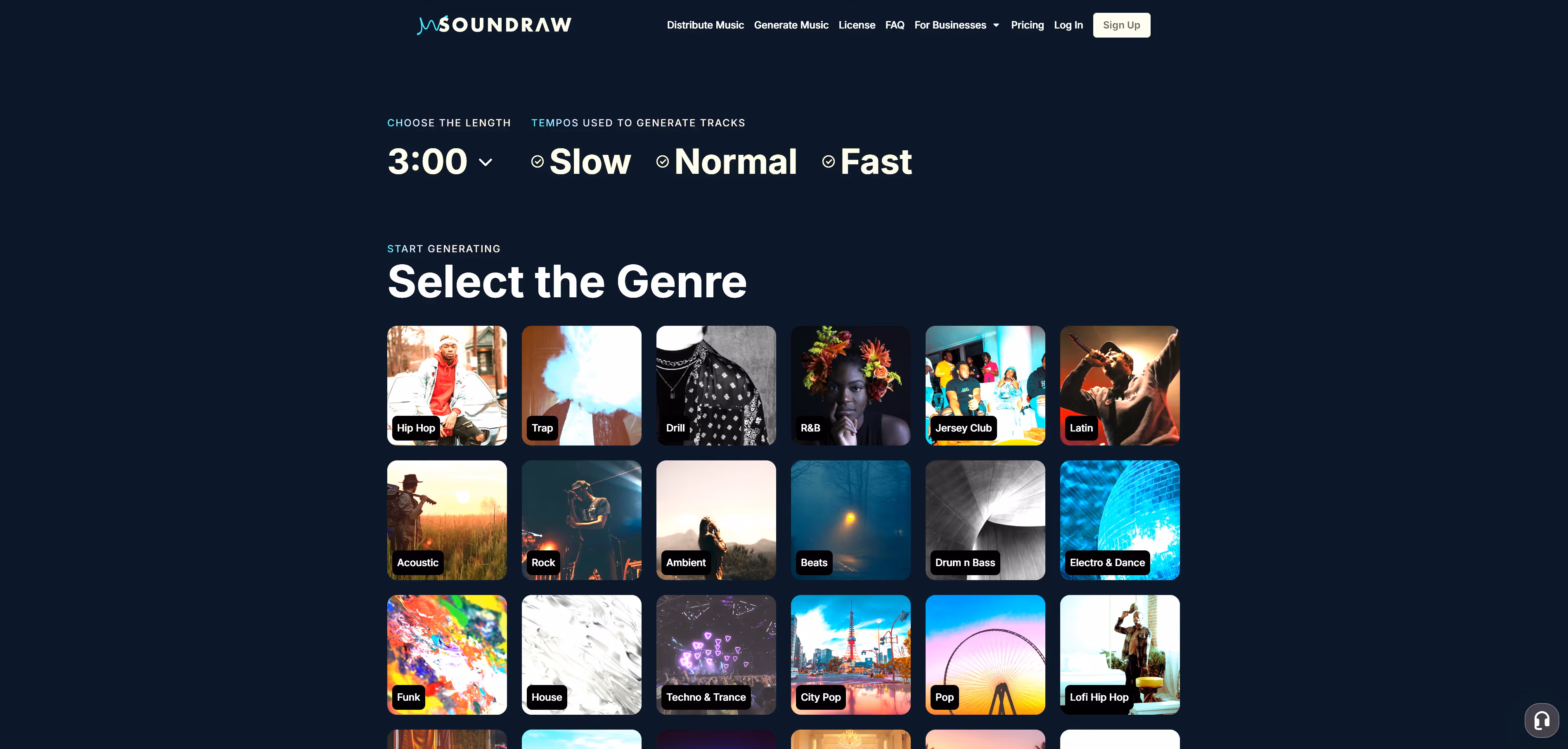 The "Create Music" page on SOUNDRAW, where users can start making their own beats.