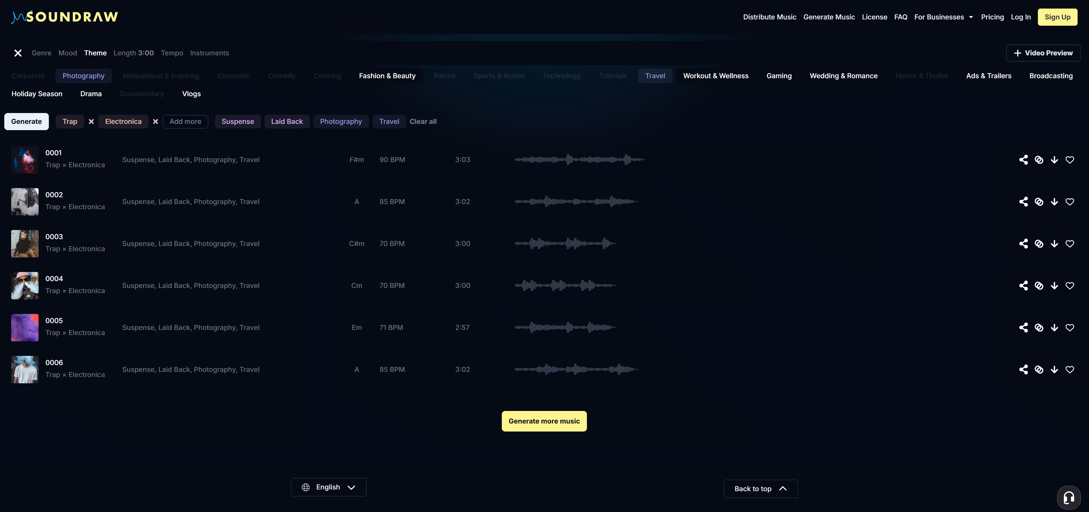 The SOUNDRAW Preview page, with six tracks ready to review with the Trap and Electronica genres.
