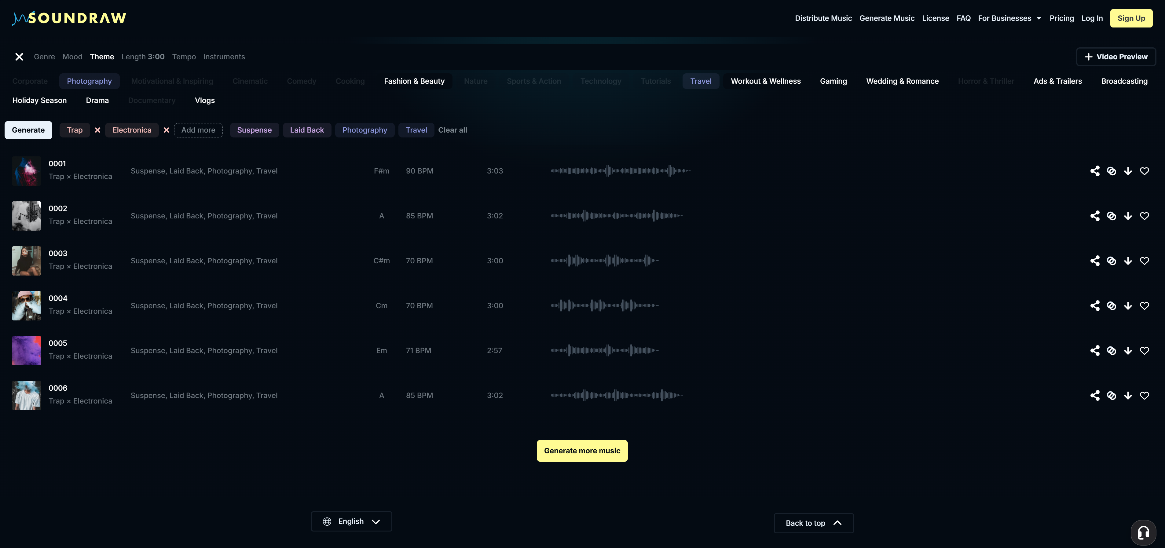 The SOUNDRAW Preview page, with six tracks ready to review with the Trap and Electronica genres.