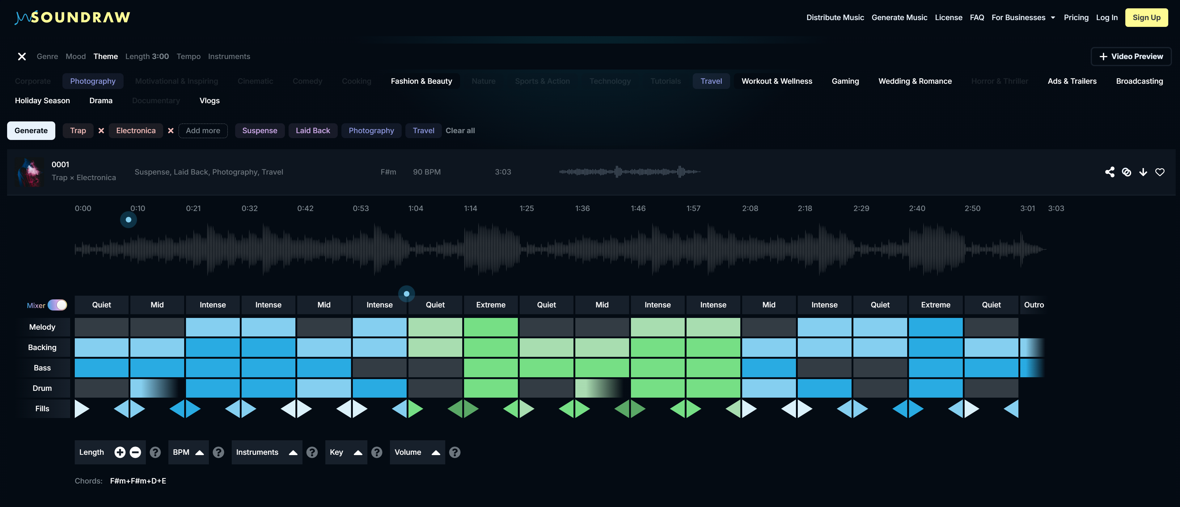 SOUNDRAW's Mixer working on one of the pre-generated tracks.