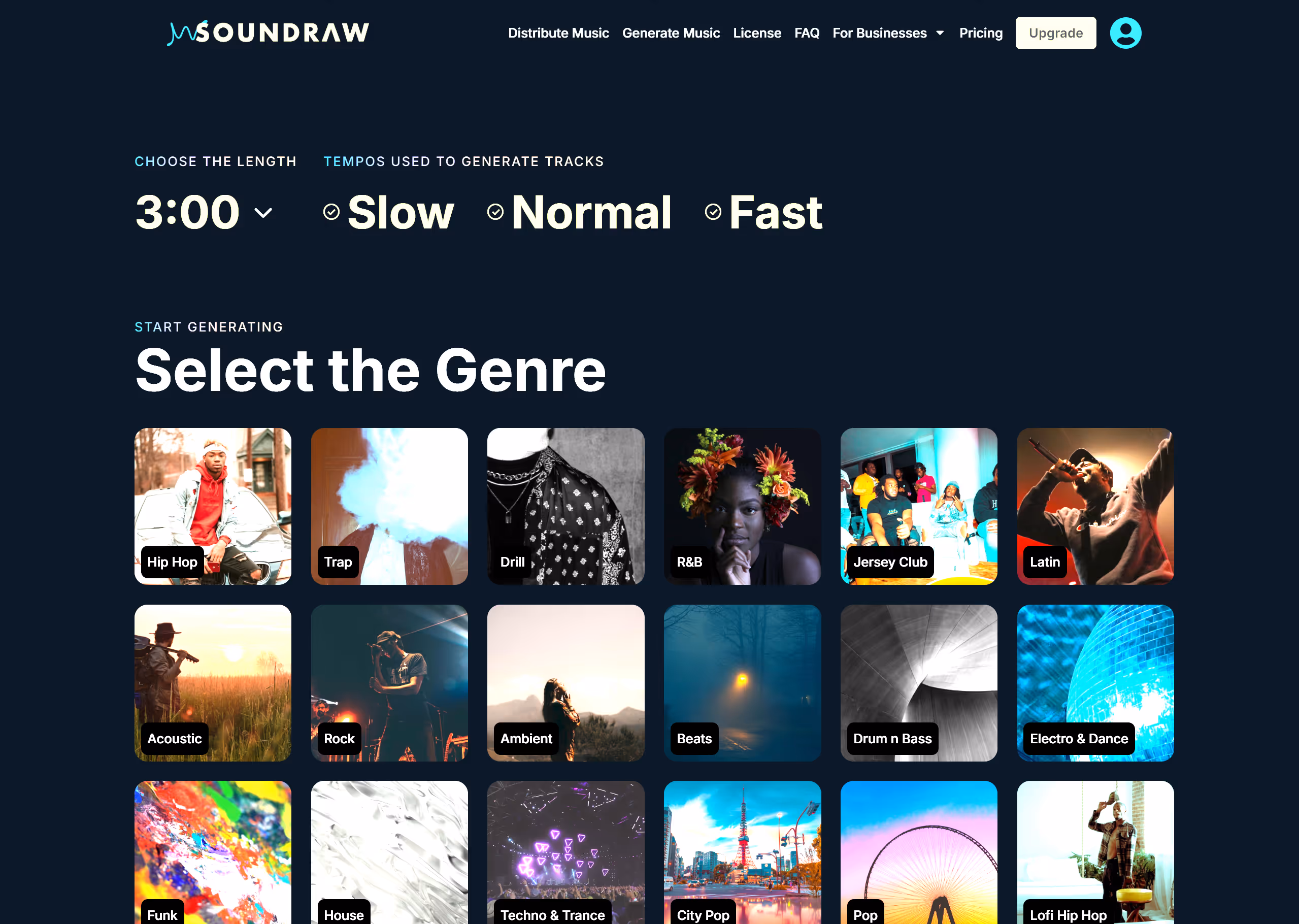 SOUNDRAW's "Create Music" page, showcasing a few of the many genres it offers.