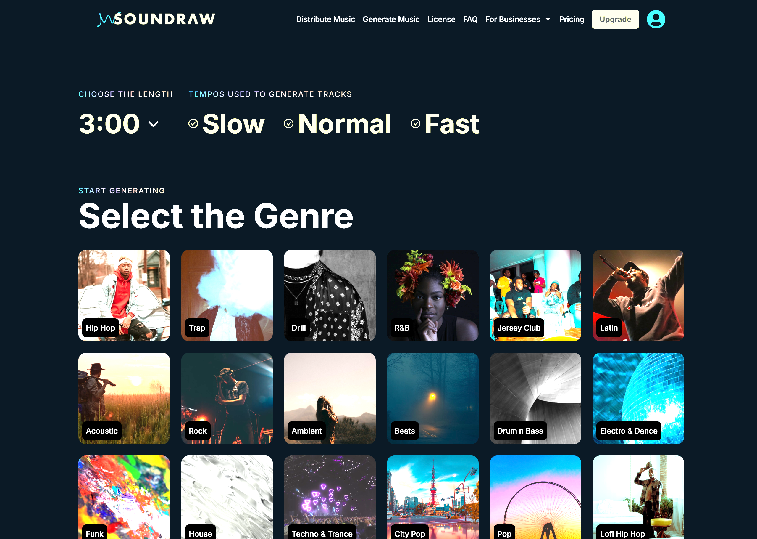 SOUNDRAW's "Create Music" page, showcasing a few of the many genres it offers.