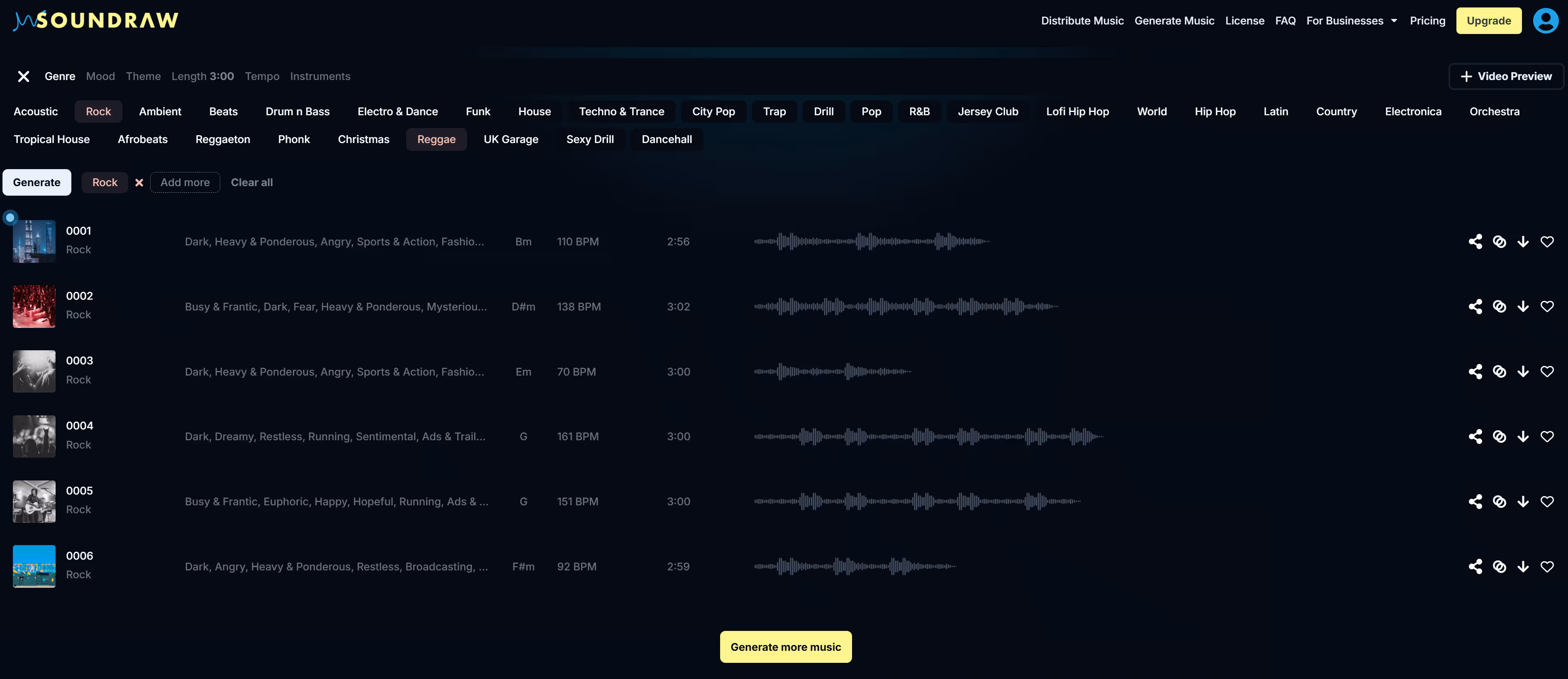 SOUNDRAW's creative suite with a list of six tracks under the "Rock" genre.