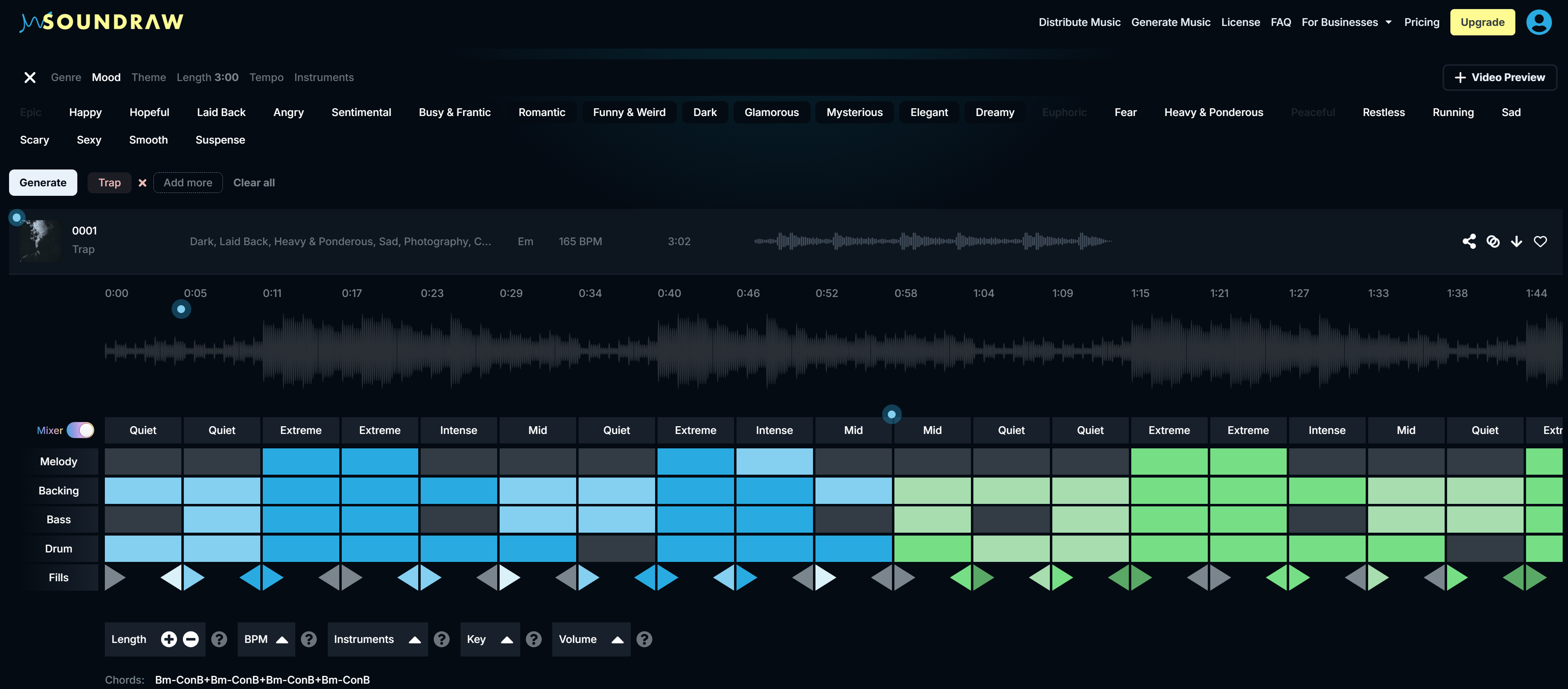 SOUNDRAW's Mixer, working on one of the Trap beats generated.