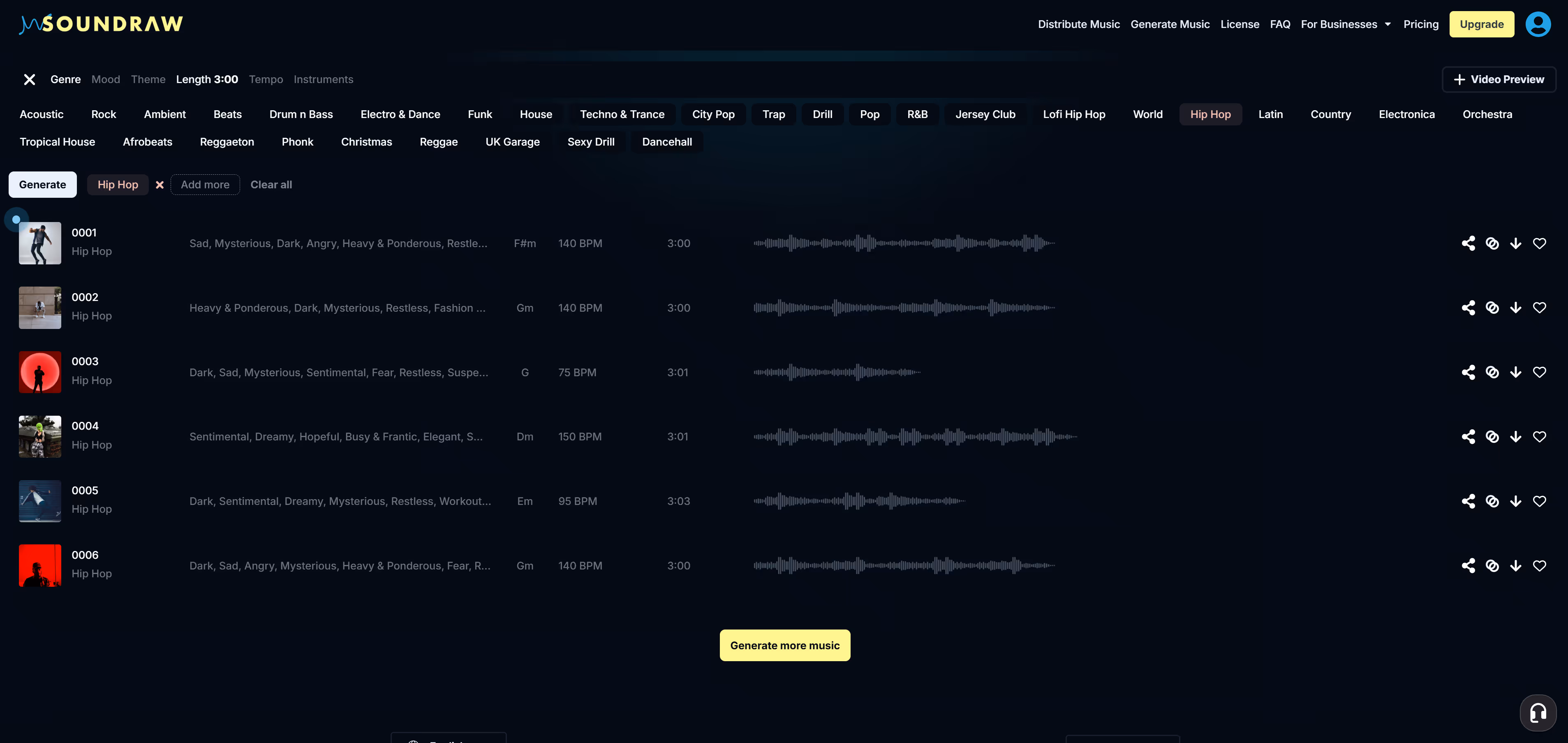 SOUNDRAW's creative suite, with the "Hip-Hop" genre being the main focus. The "Length" tab is showcased above, next to the "Tempo" tab.