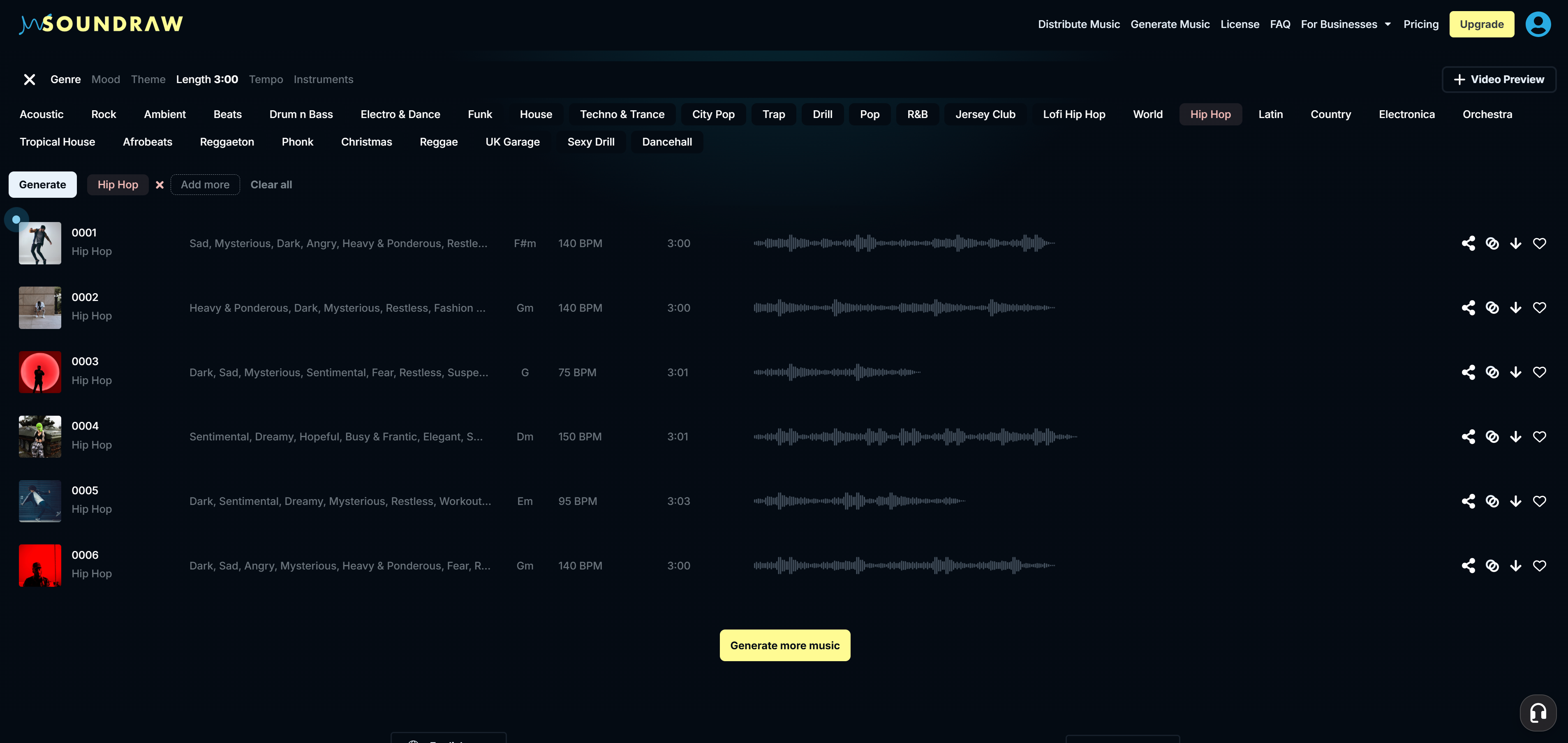 SOUNDRAW's creative suite, with the "Hip-Hop" genre being the main focus. The "Length" tab is showcased above, next to the "Tempo" tab.