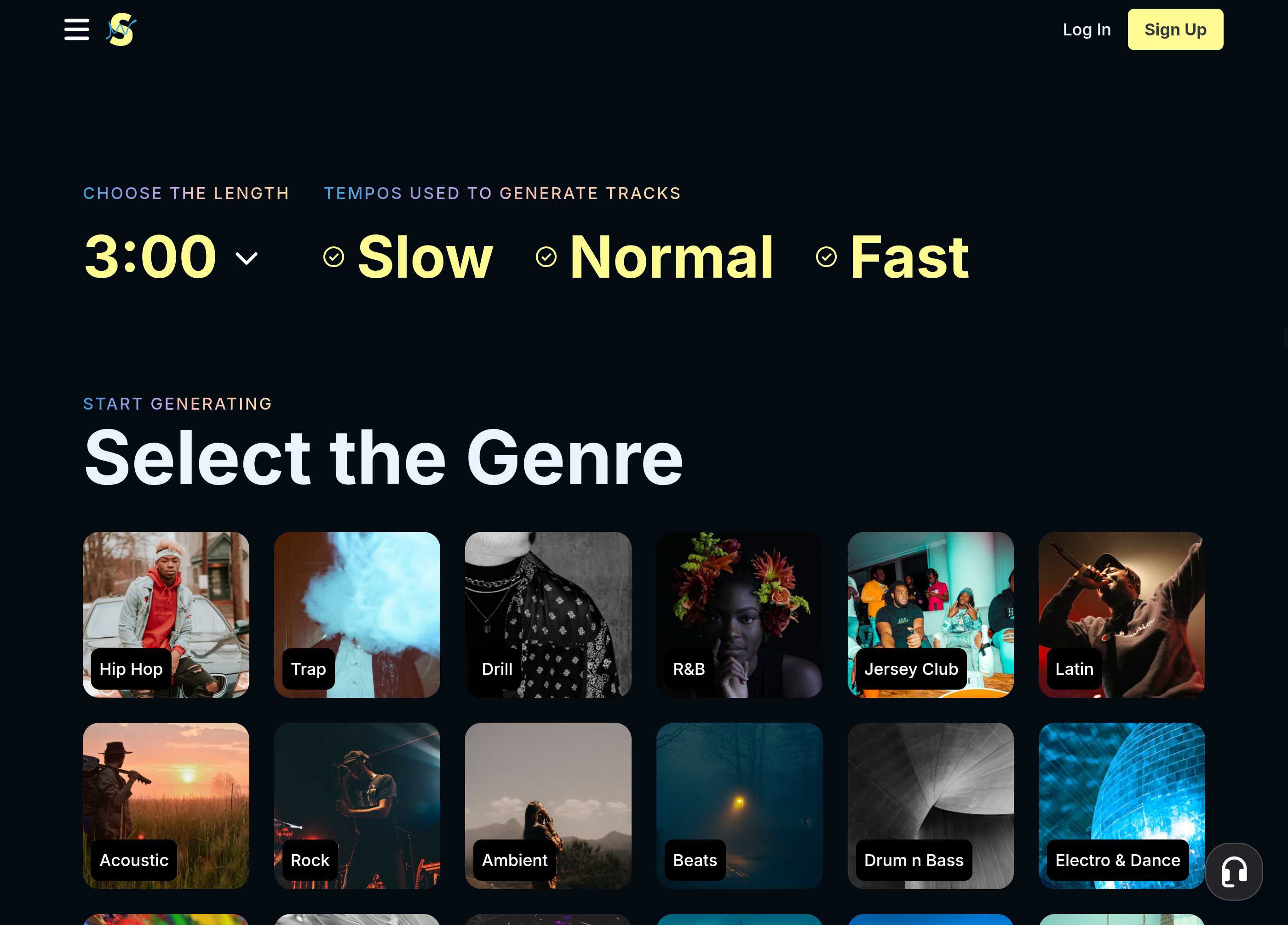 SOUNDRAW's "Create Music" Page, with the length, tempo, and hip-hop thumbnail all visible.
