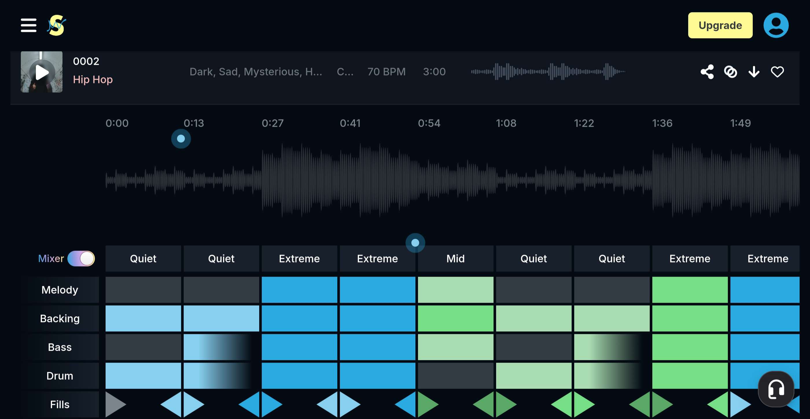 The Mixer tool working on one of the songs in the previous image, as seen on mobile devices.