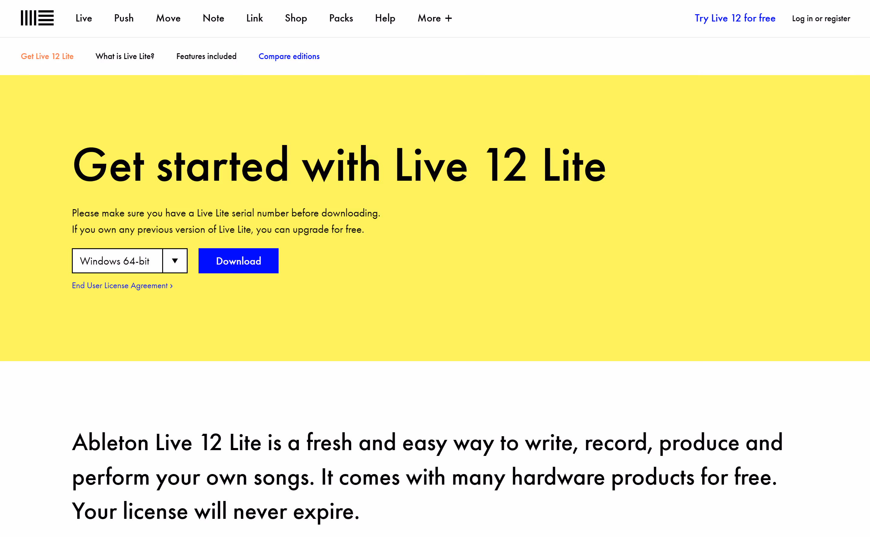 Live Lite's page on the Ableton website - an option for users looking for a good DAW.