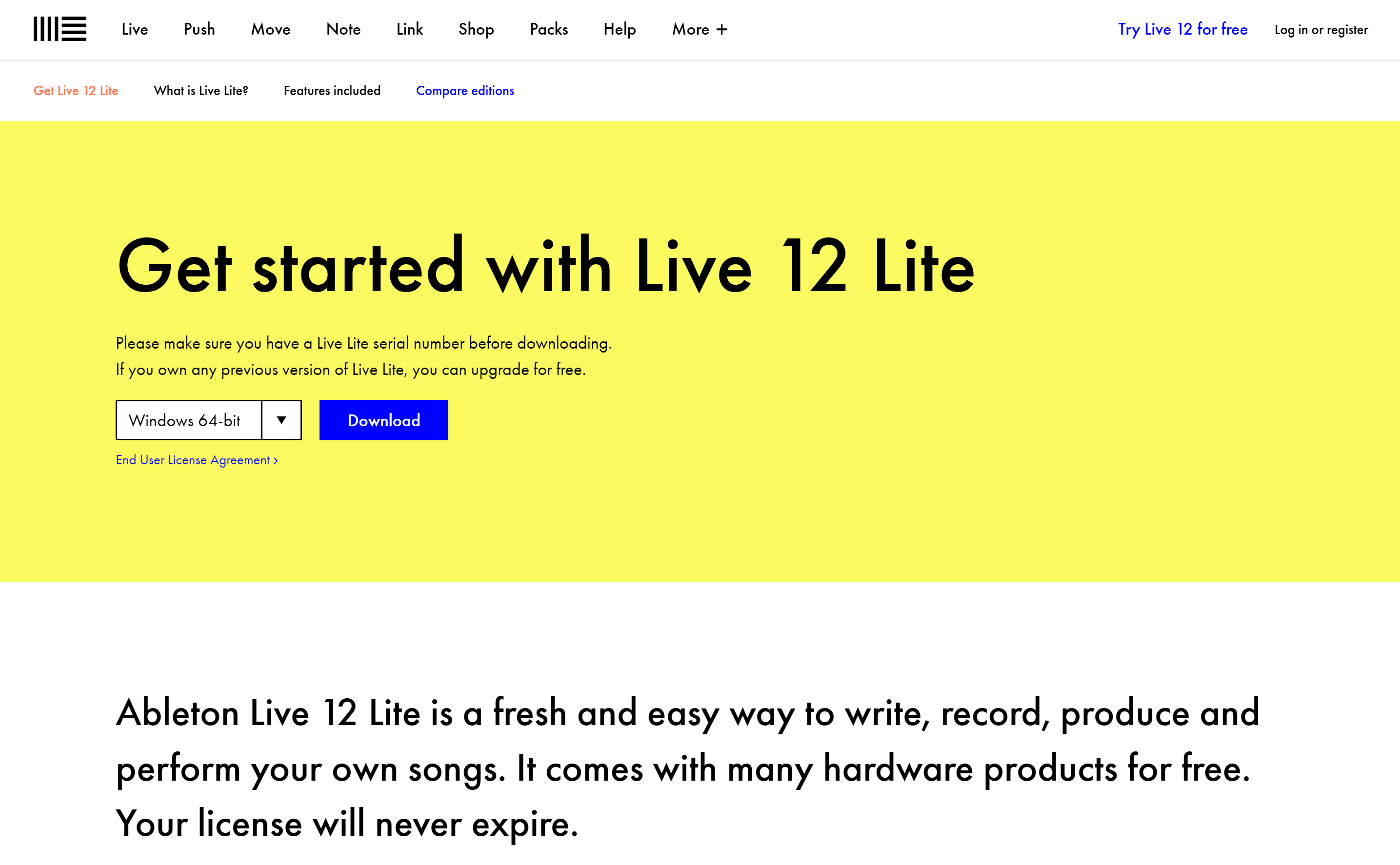 Live Lite's page on the Ableton website - an option for users looking for a good DAW.