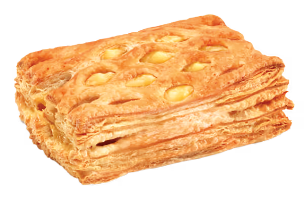 Rectangular layered puff pastry with small round indentations on top.