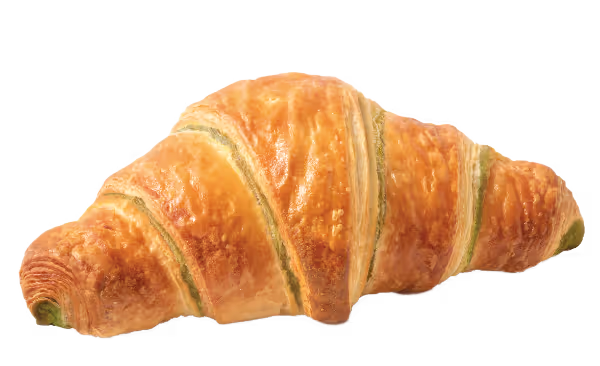 Golden brown croissant with visible layers and a slight green pistachio filling.