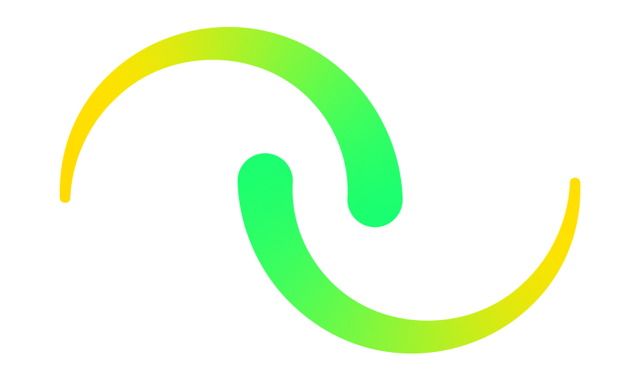Two curved shapes forming a symmetrical swirl with a gradient from yellow to green colors.