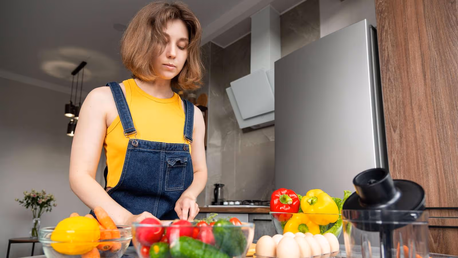 Junge Frau in gelbem Top und Latzhose schneidet frisches Gemüse in einer modernen Küche.