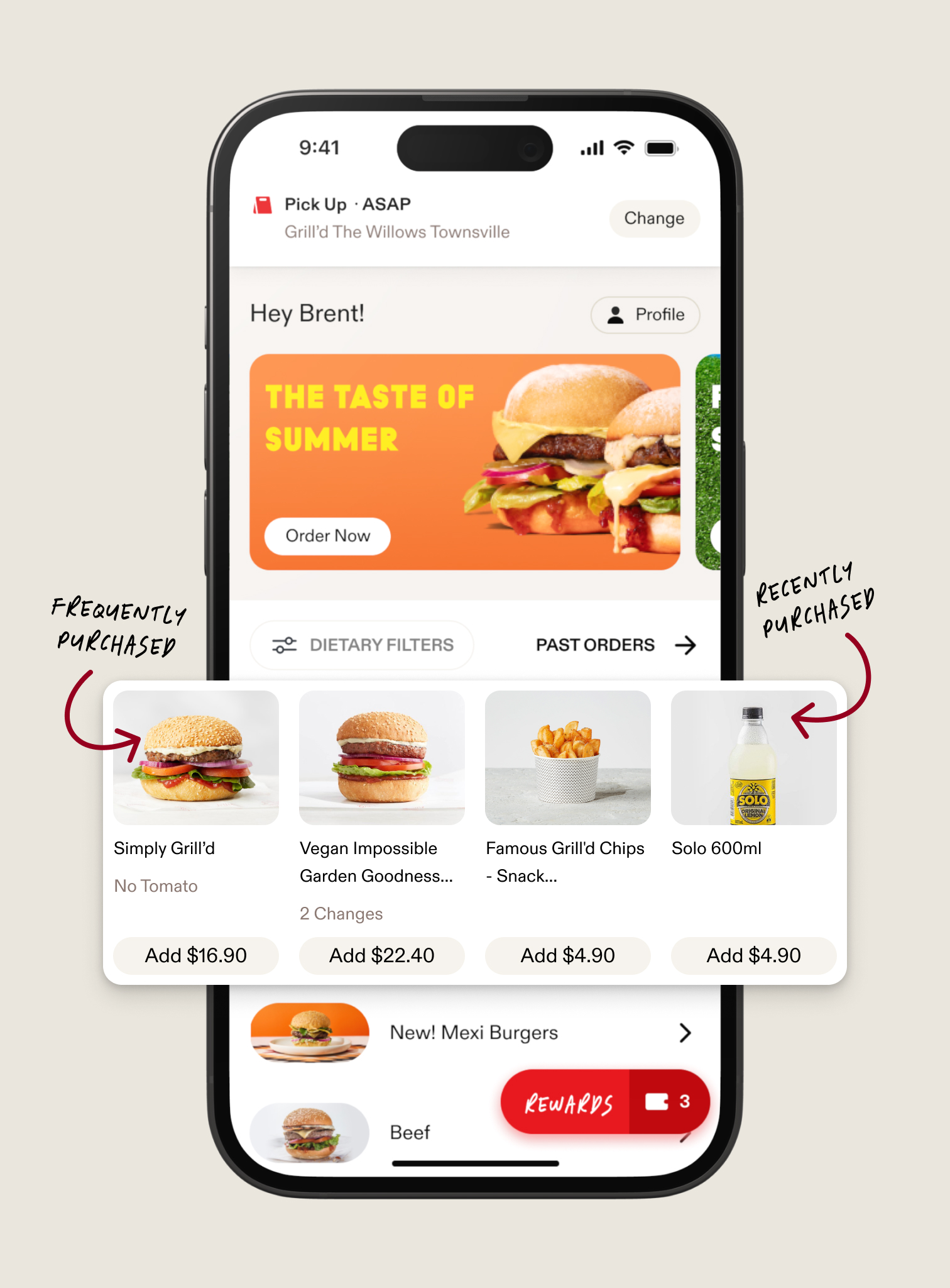 Favourites showing frequently purchased burgers first followed by recently purchased items