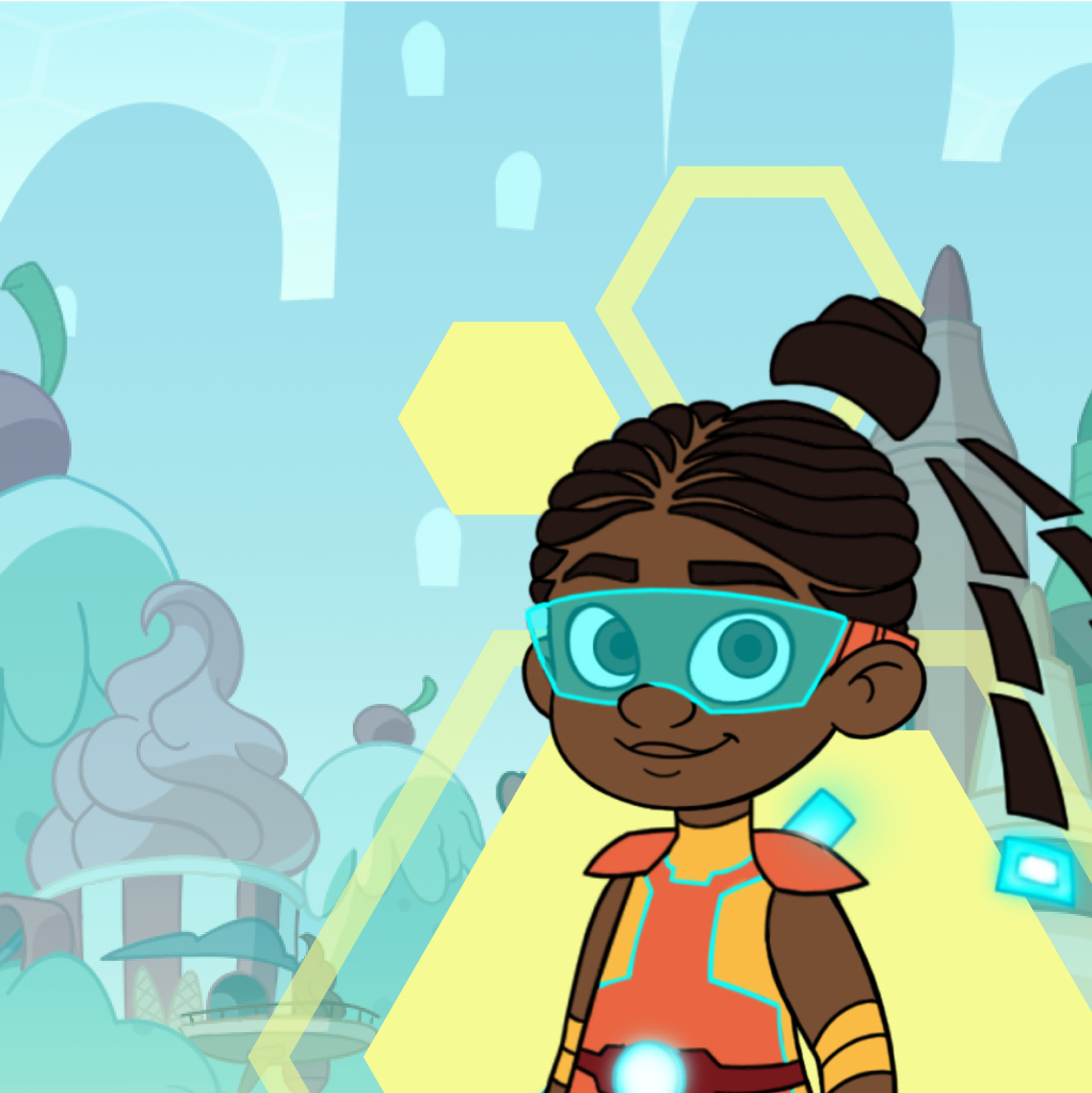 Young animated girl standing in front of a kid's dream city