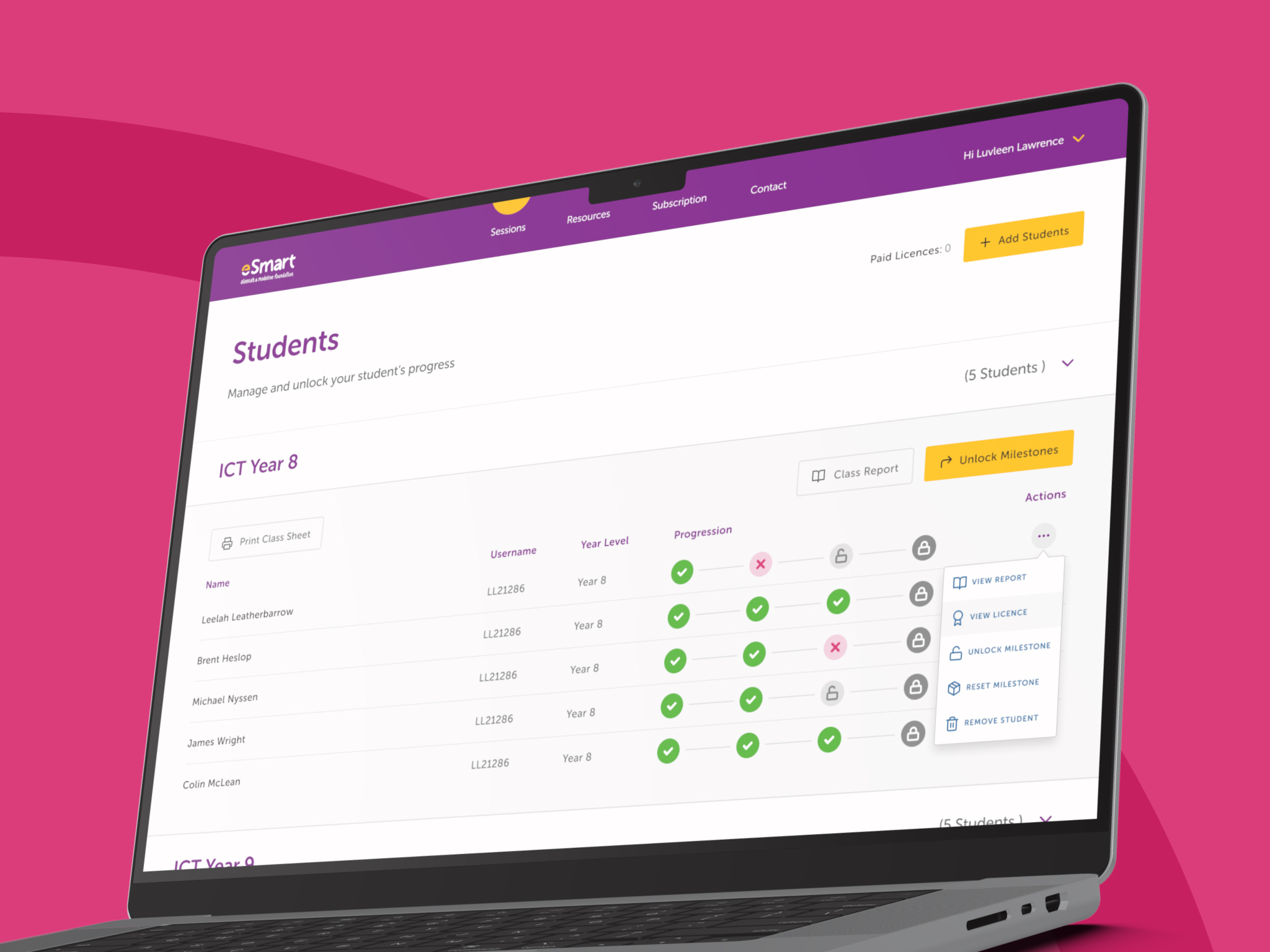 eSmart Digital Licence + teacher dashboarding showing the progress of students in the theacher's class