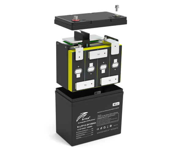 Аккумуляторная батарея Ritar LiFePO4 12,8V 100Ah mini, 1280Wh BMS50@4S  (229 х 138 х 210 мм), 9.9kg