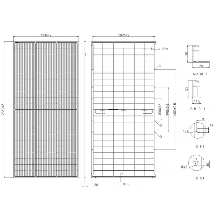 Розміри та креслення кріплення панелі Tongwei Solar 630W Bifacial Double Glass