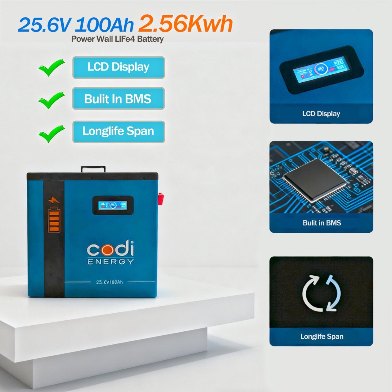 Акумуляторна батарея Codi 24V 100Ah з вбудованим LCD-екраном у продажу