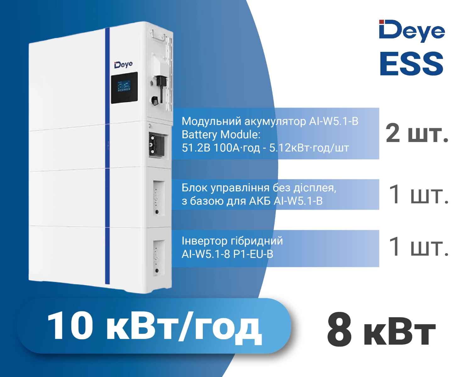 Комплект 3 в 1 Deye AI-W 8 кВт / 10 кВт·год Низьковольтний, 1-фазний