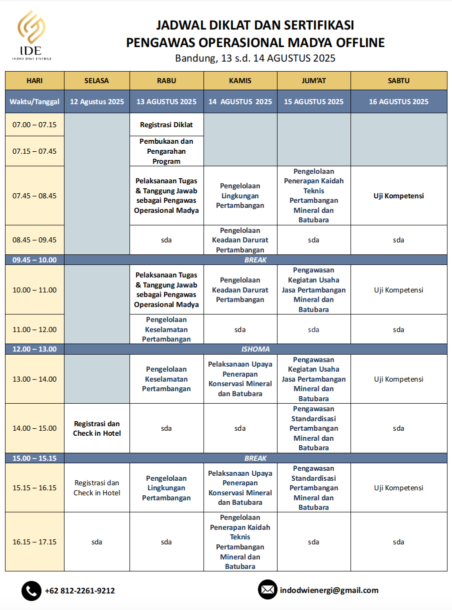 jadwal diklat sertifikasi pengawas operasional madya offline agustus 2025