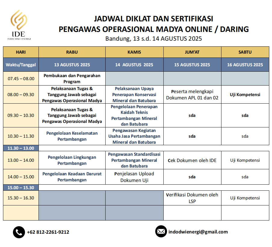 jadwal diklat sertifikasi pengawas operasional madya online agustus 2025