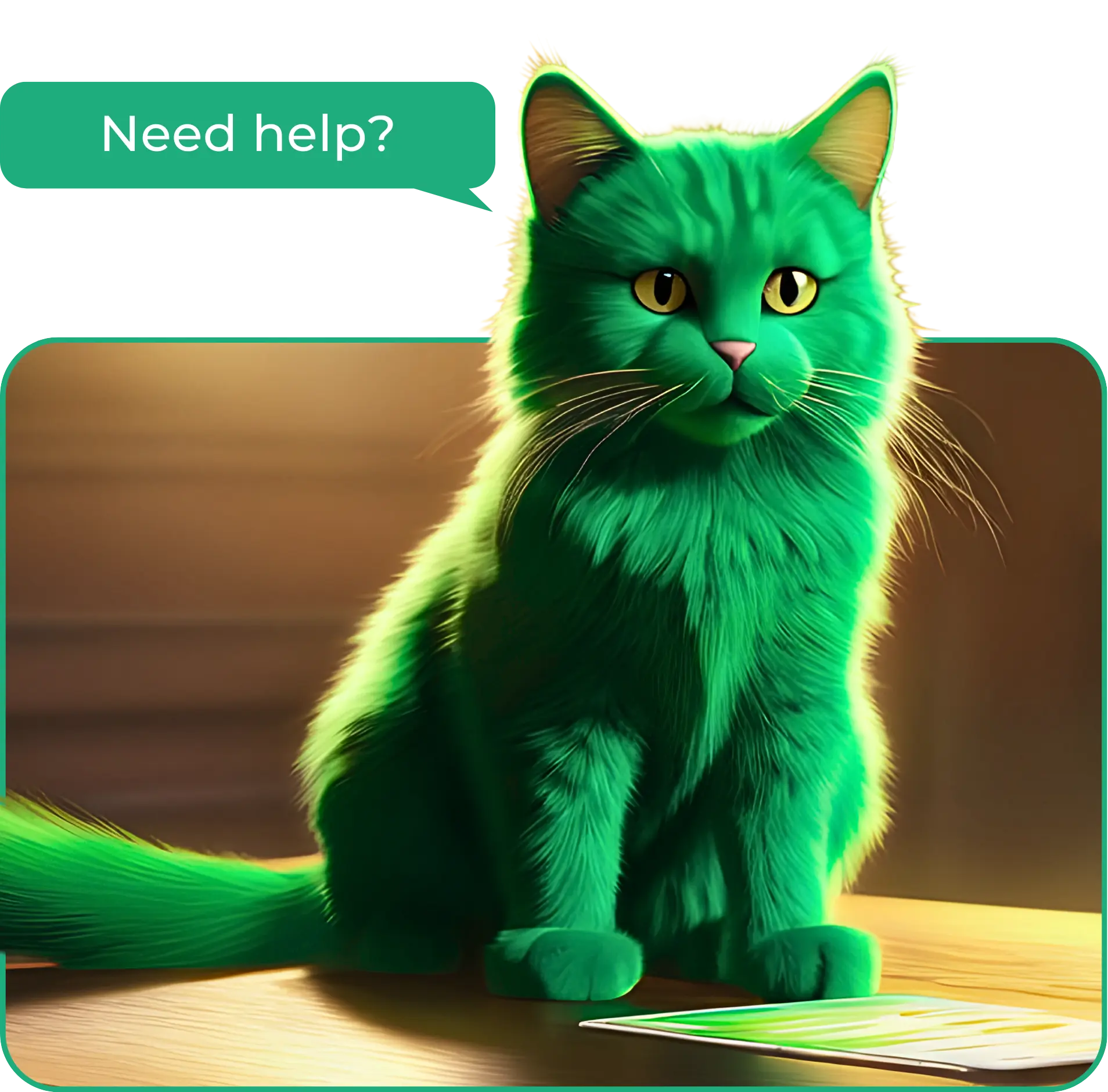 D-TAG's AI assistant Catski (a green cat) with a text bubble that says "Need help?"
