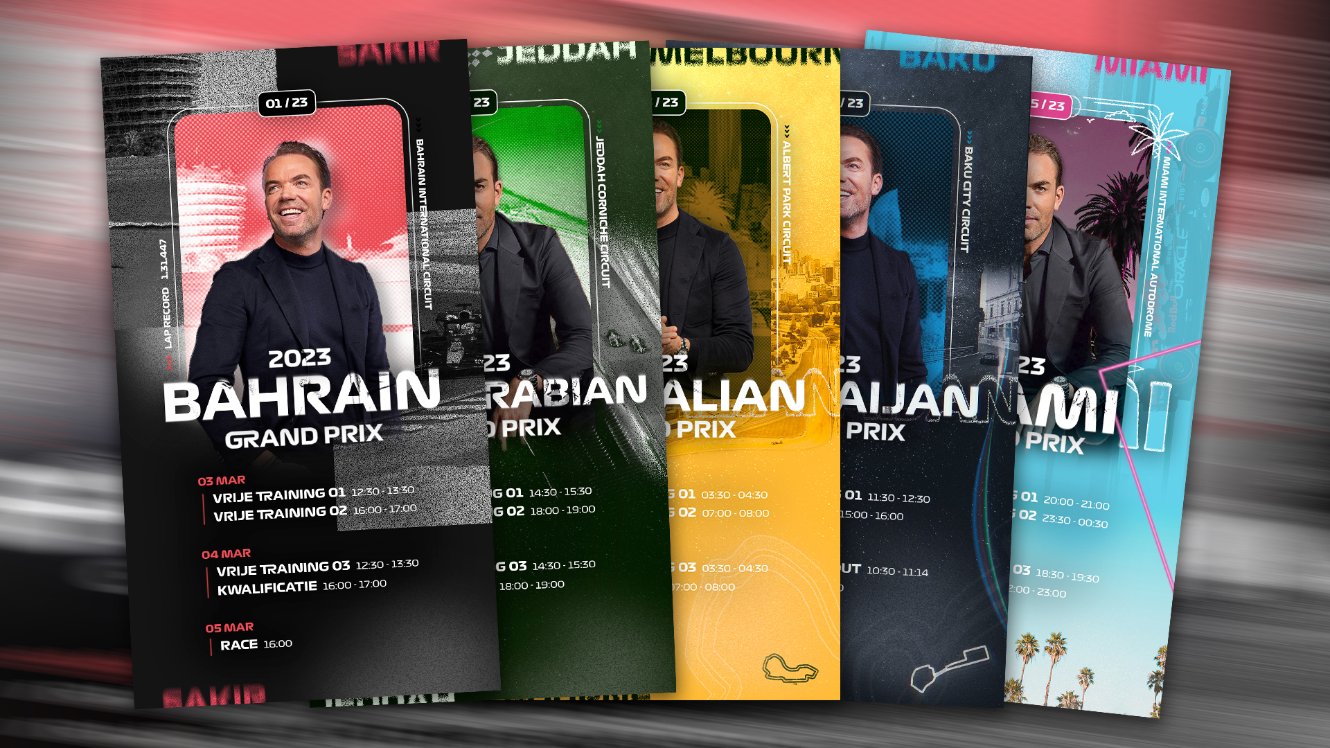 Stacked posters with race dates and times for 2023 Formula 1 Grand Prix events in Bahrain, Saudi Arabian, Australian, Azerbaijani, and Miami circuits featuring a man in a black blazer.