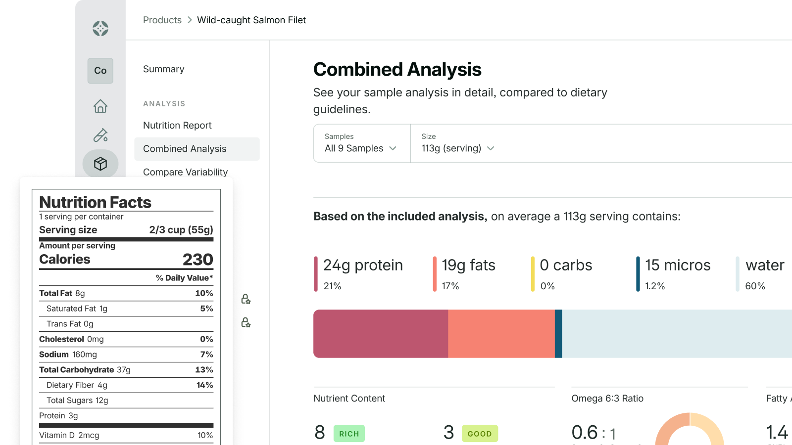 Image of product screens showing both the combined analysis you get with testing and an example of a nutrition facts label.