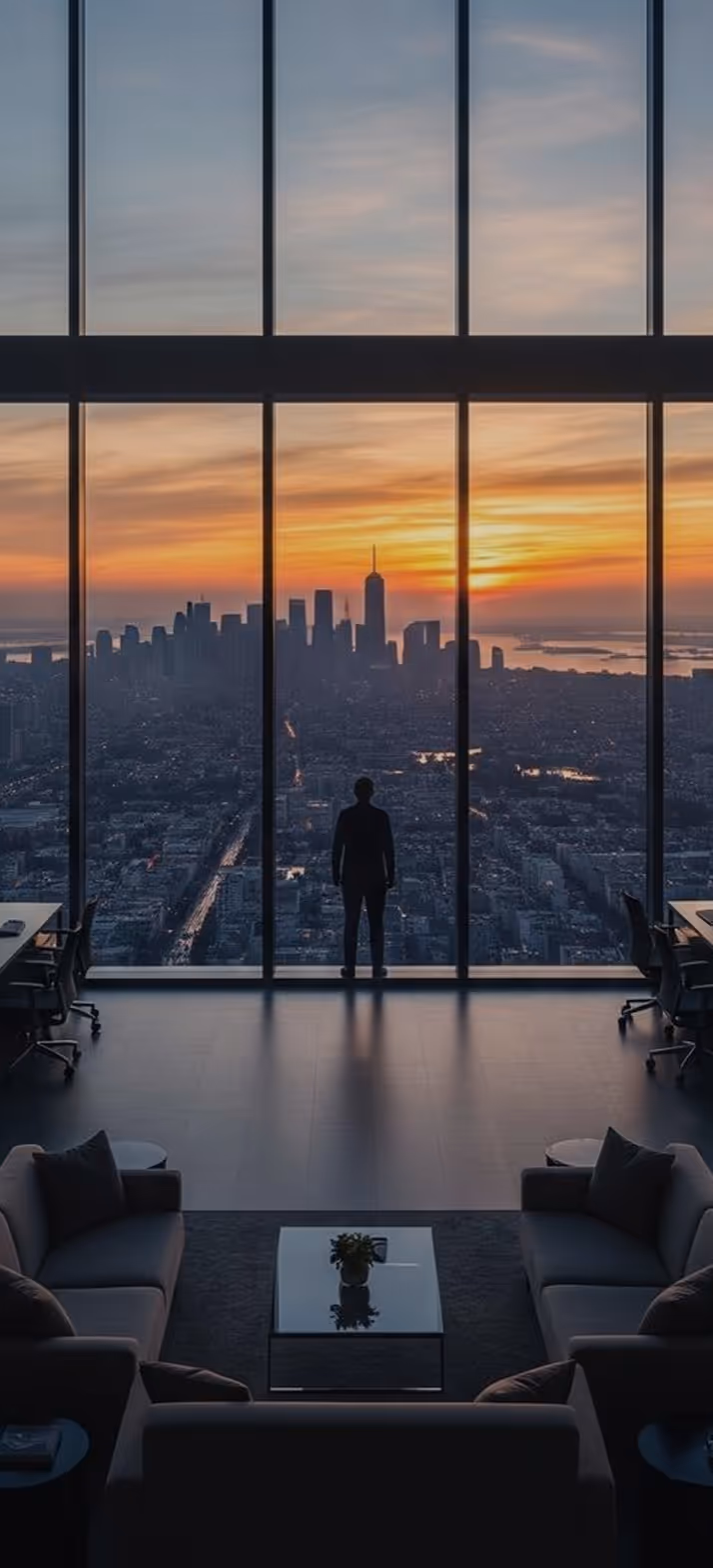 Silhouette of a person standing by a large window overlooking a city skyline at sunset.