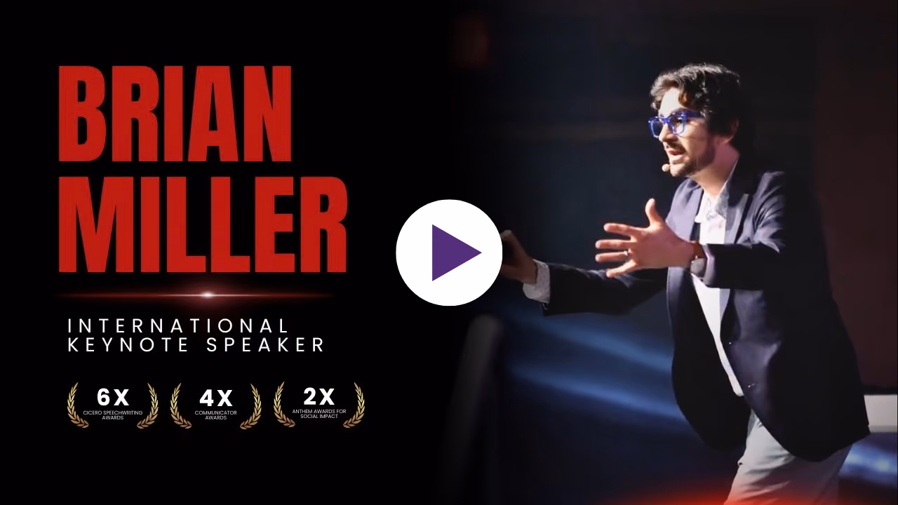 Brian Miller, international keynote speaker, presenting on stage with award recognitions displayed alongside his name in a promotional video thumbnail.