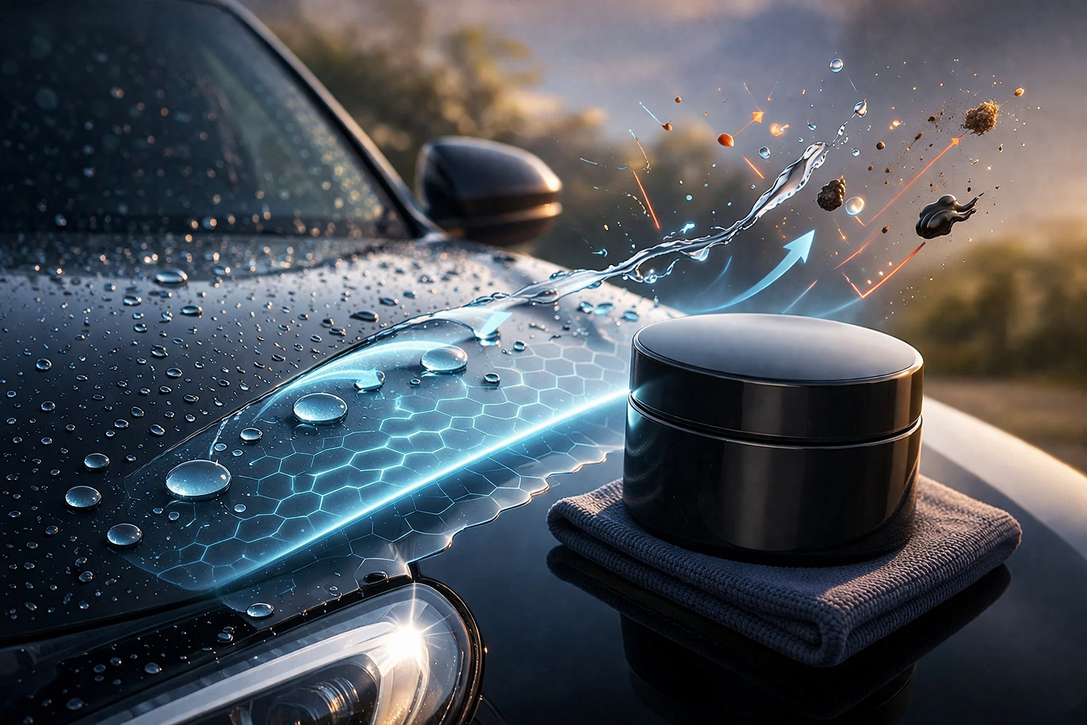 Car paint protection with water beading effect on vehicle bonnet, demonstrating hydrophobic coating and surface protection