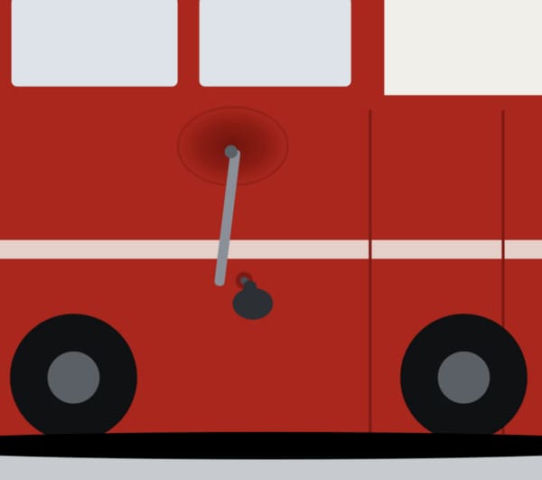 Illustration of a dent on a van door being repaired with a paintless dent removal rod from behind the panel.