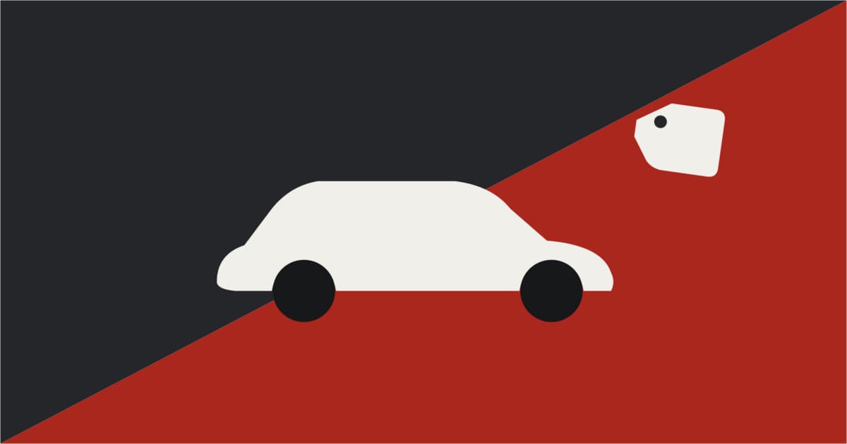 Duotone illustration of a car silhouette on a bold charcoal and red diagonal background, with a price tag beside it, representing how paintwork condition affects a car's resale value.