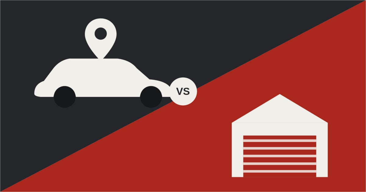 Duotone illustration comparing mobile bodyshop repair versus a traditional bodyshop, showing a car with a location pin on one side and a garage building on the other, split by a bold diagonal divide with a VS badge.